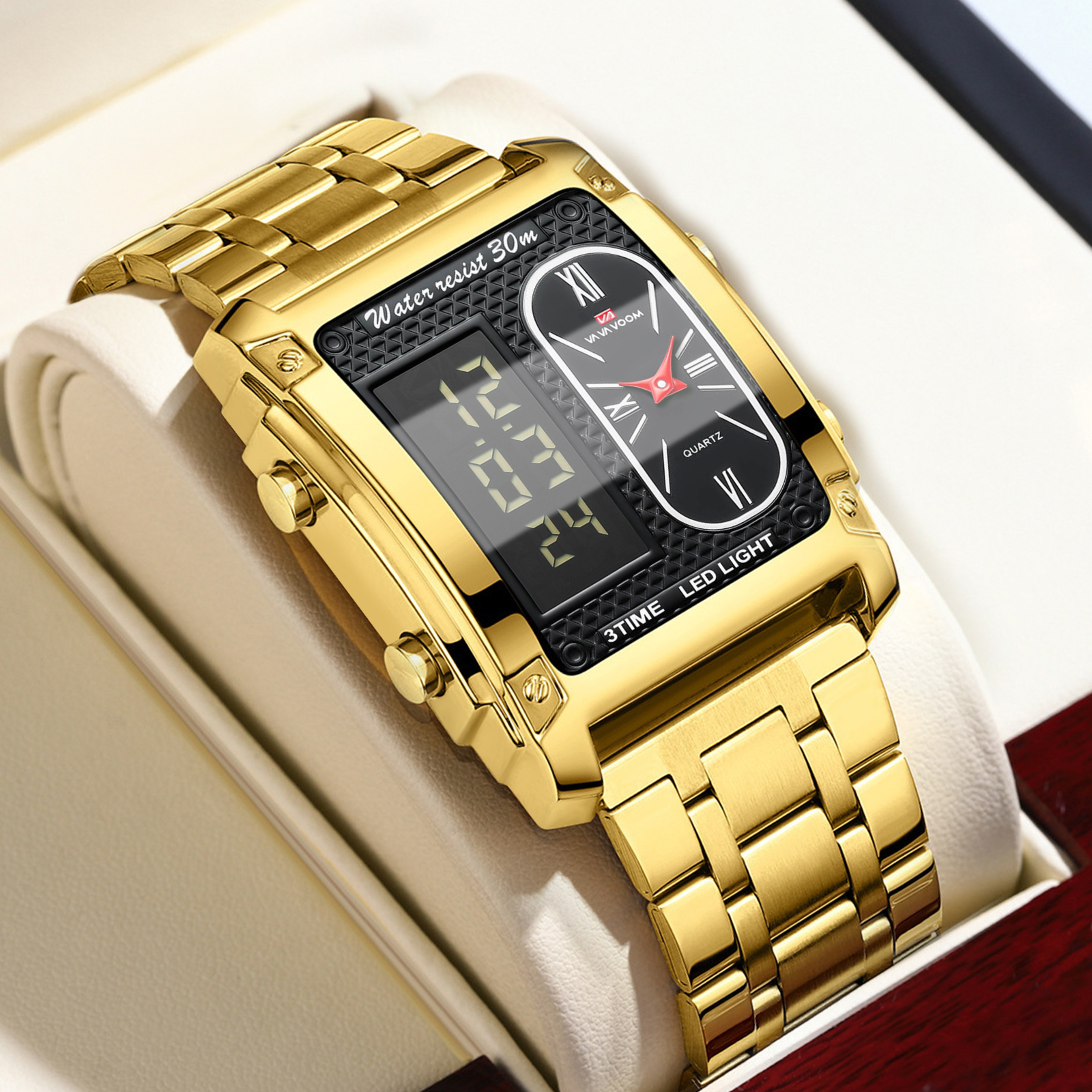 Mens LED Digital Watch Rectangular Display Gold Stainless Steel Business Wristwatch – view 5