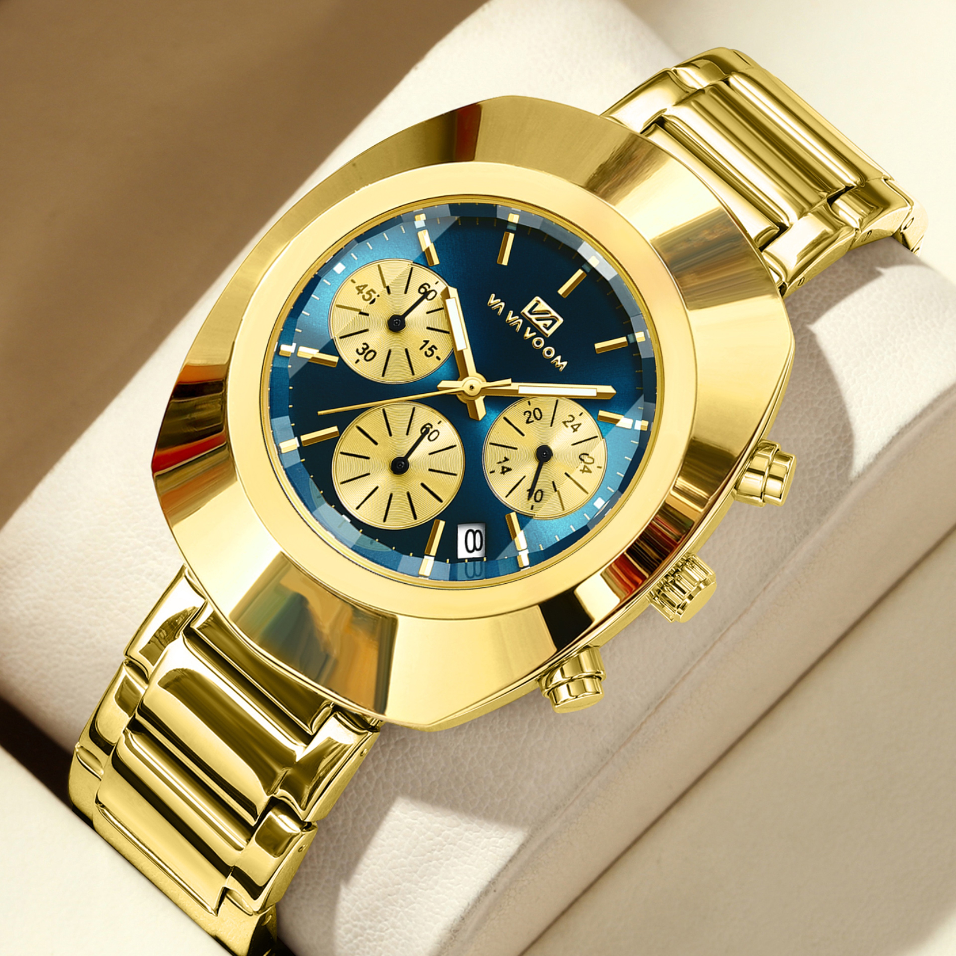 Blue Gold Oval Multifunction Quartz Watch for Men Stainless Steel Business Sports Wrist Watch – view 1