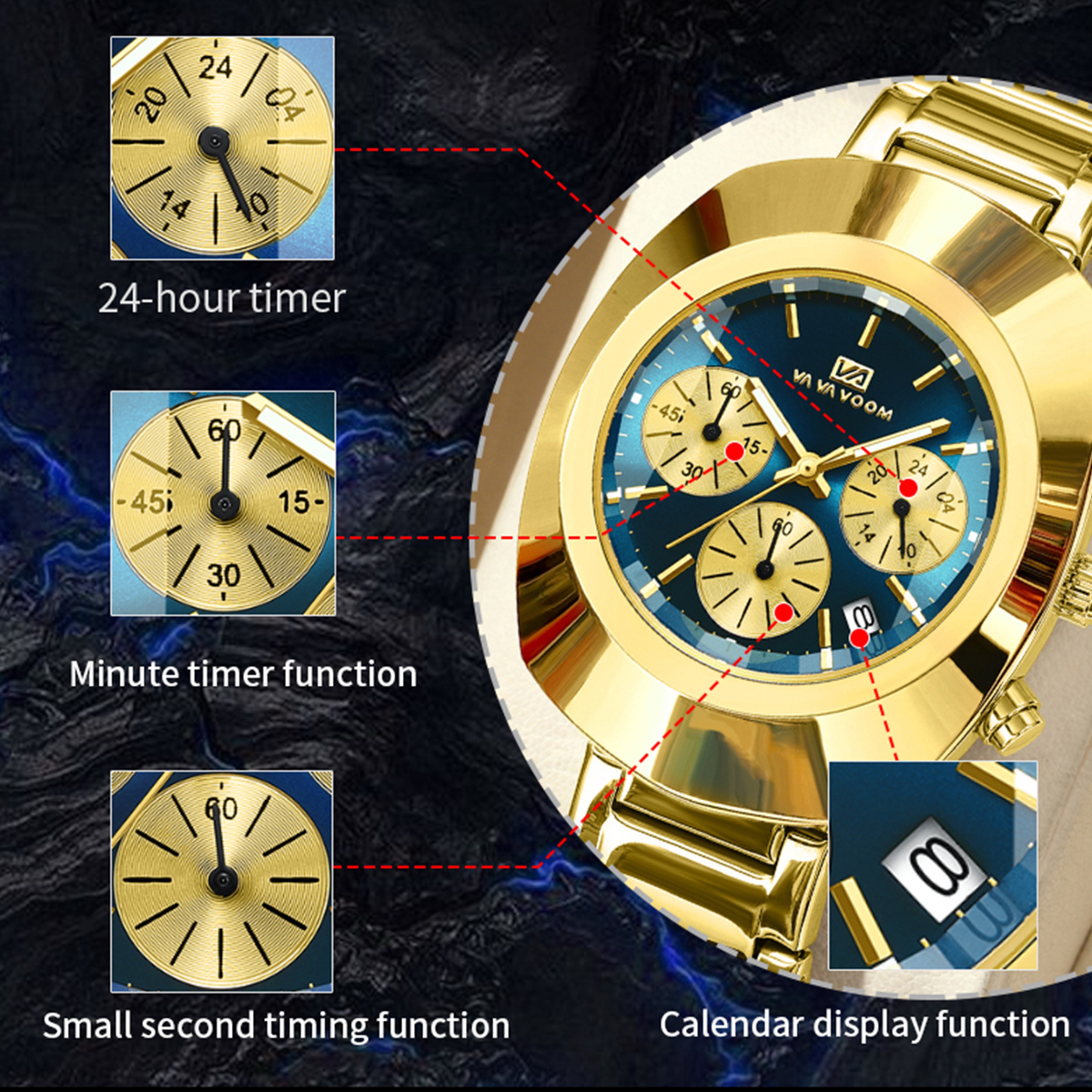 Blue Gold Oval Multifunction Quartz Watch for Men Stainless Steel Business Sports Wrist Watch – view 4