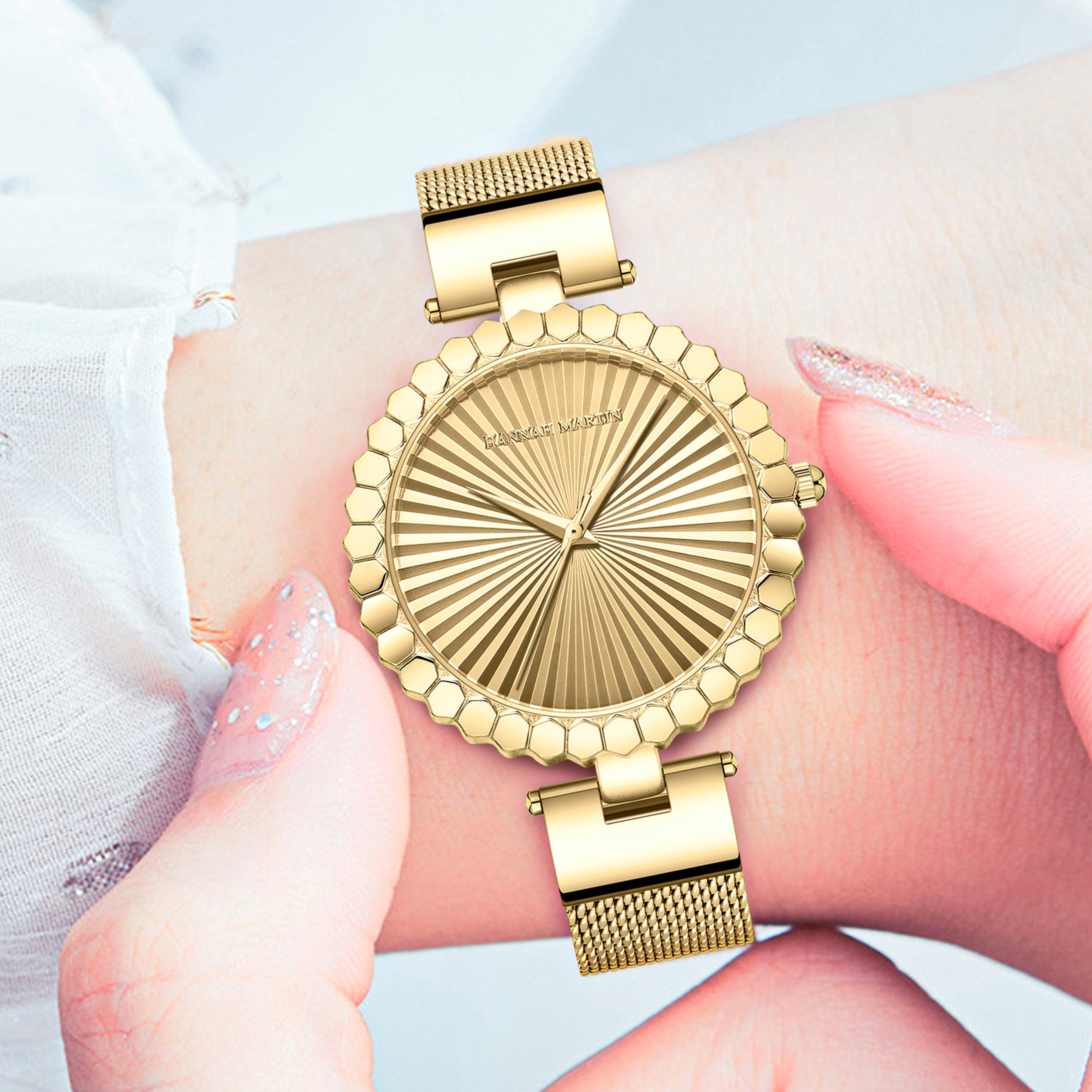 Martin Gold Geometric Dial Women Quartz Watch with Stainless Steel Mesh Strap – view 5