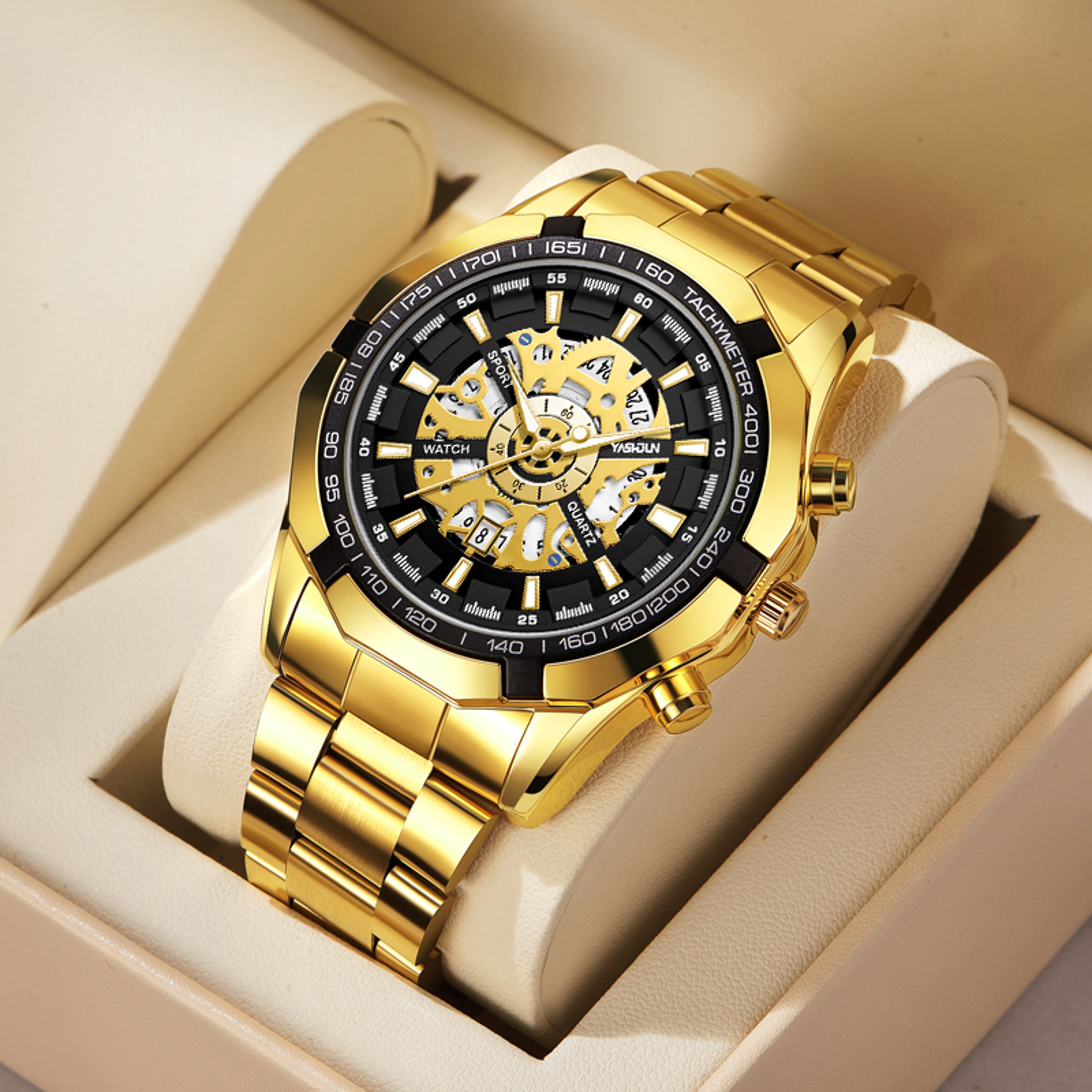 Mens Skeleton Quartz Watch with Luminous Calendar Stainless Steel Band – view 1