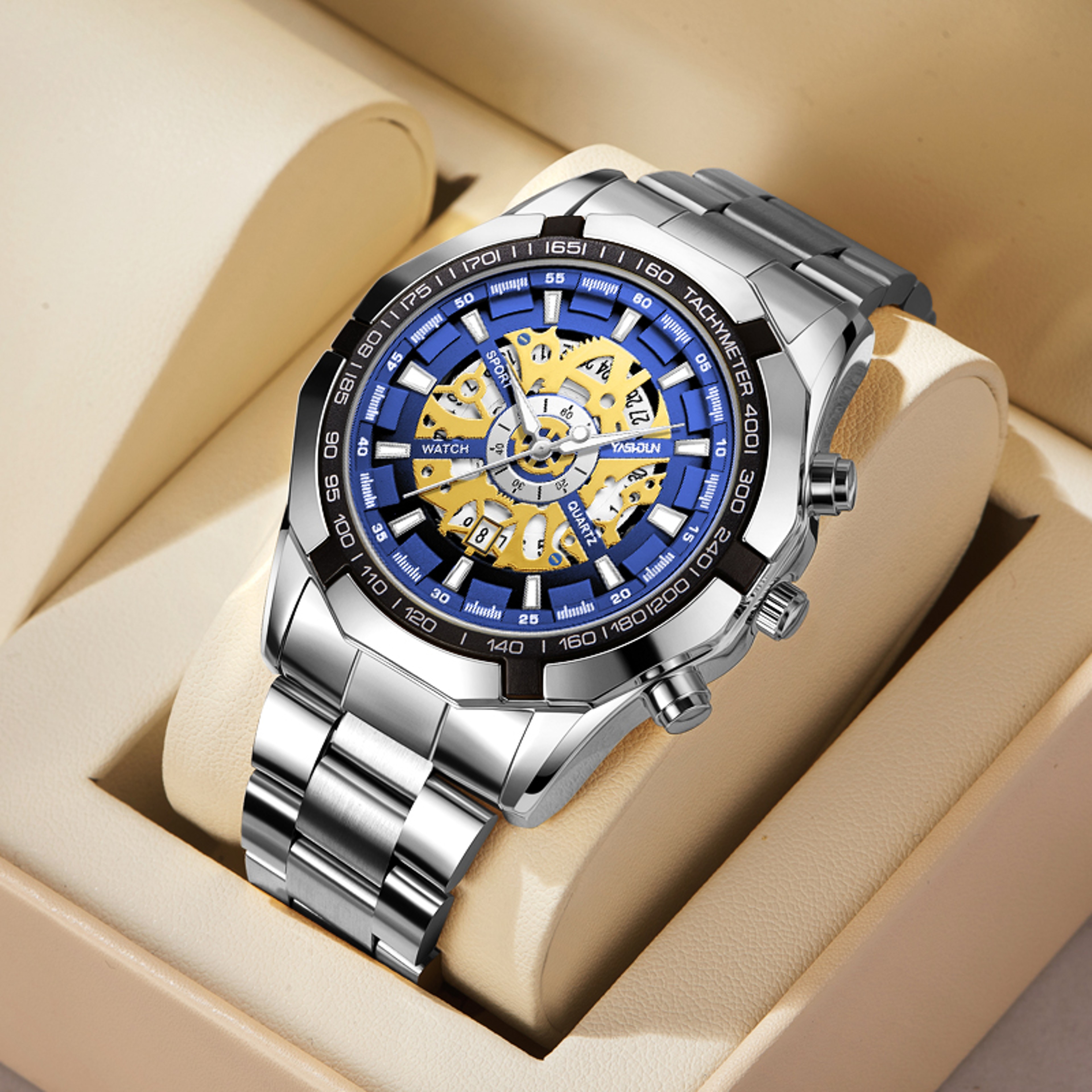 Mens Skeleton Quartz Watch with Luminous Calendar Stainless Steel Band – view 4