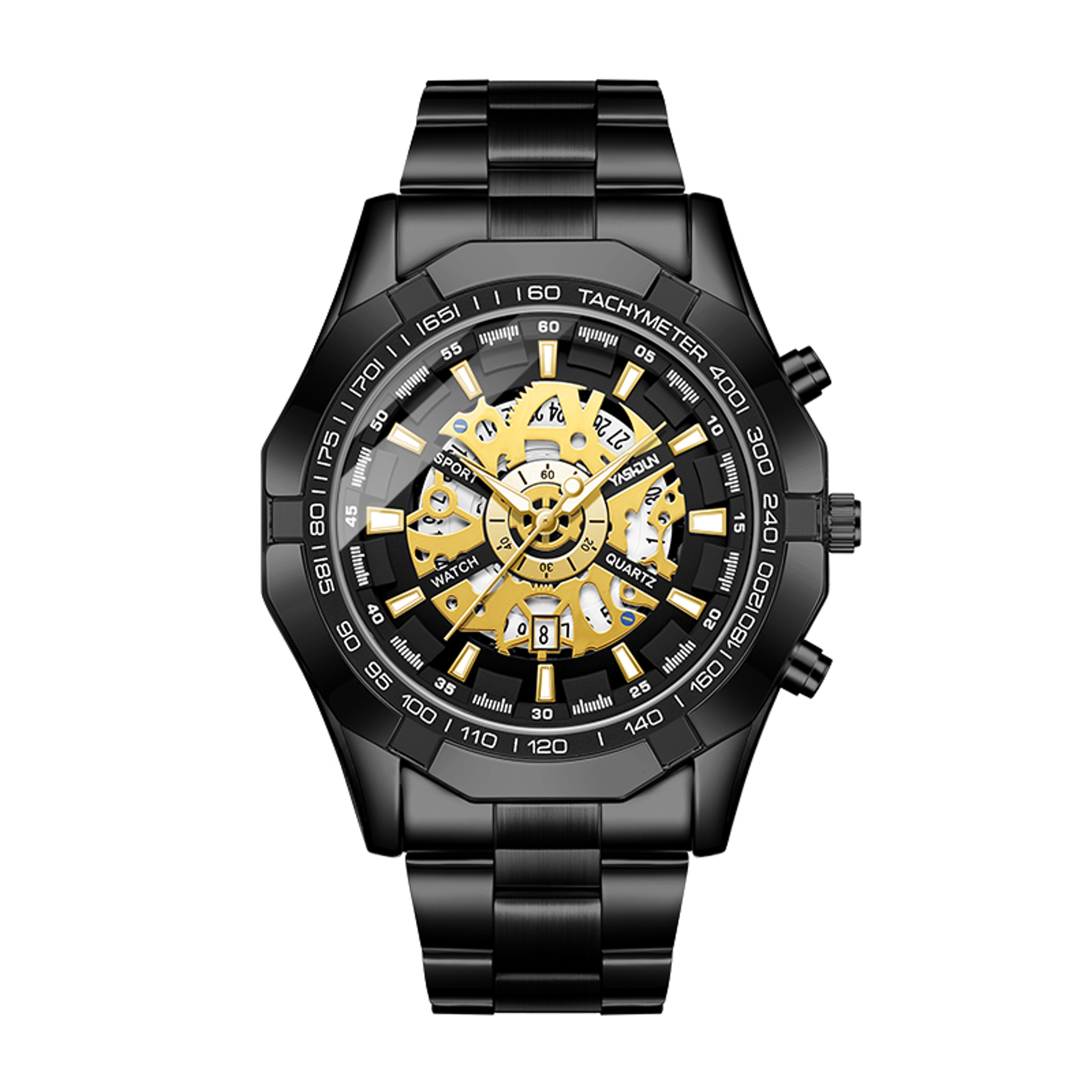 Mens Skeleton Quartz Watch with Luminous Calendar Stainless Steel Band – view 10