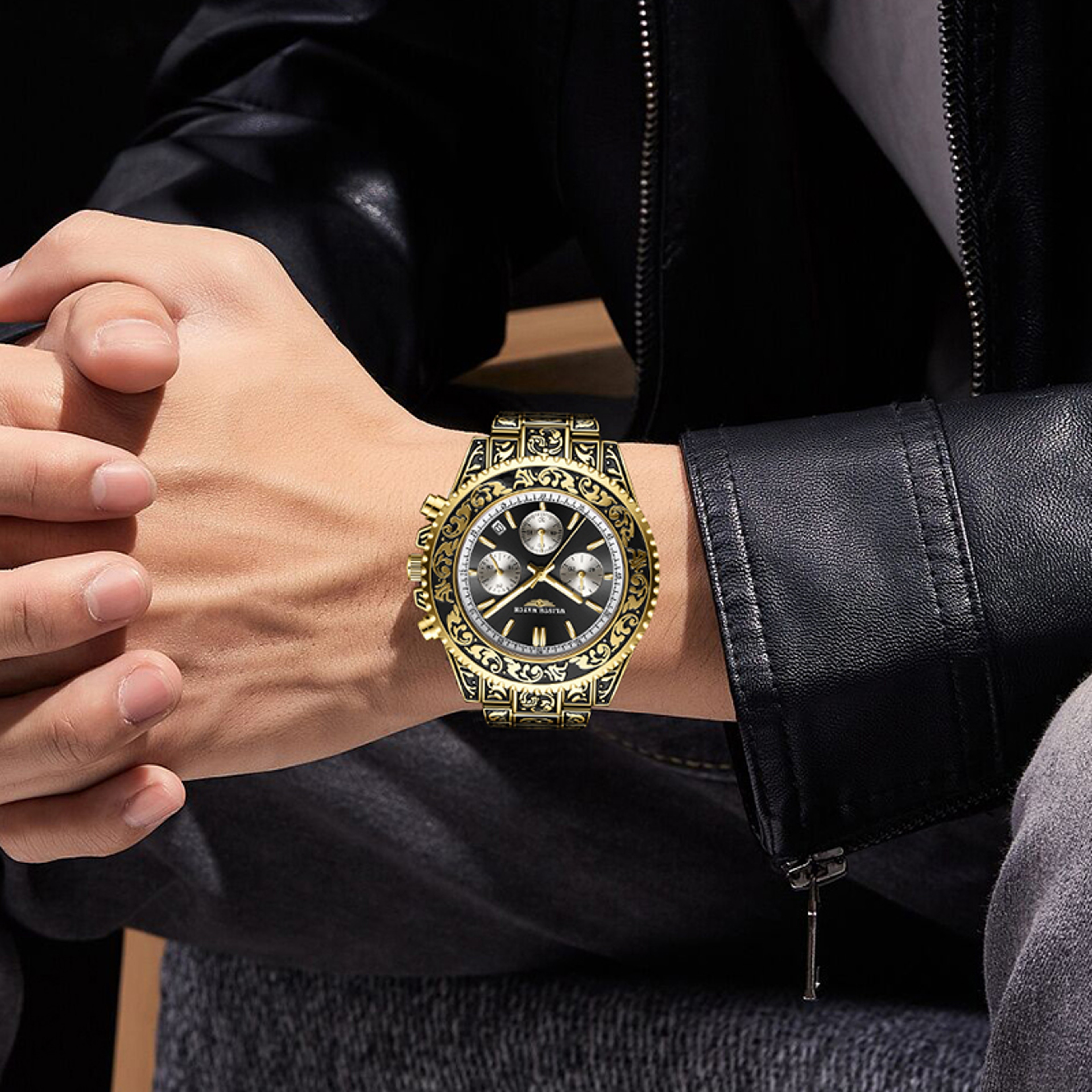 Retro Engraved Mens Quartz Watch with Calendar – view 2