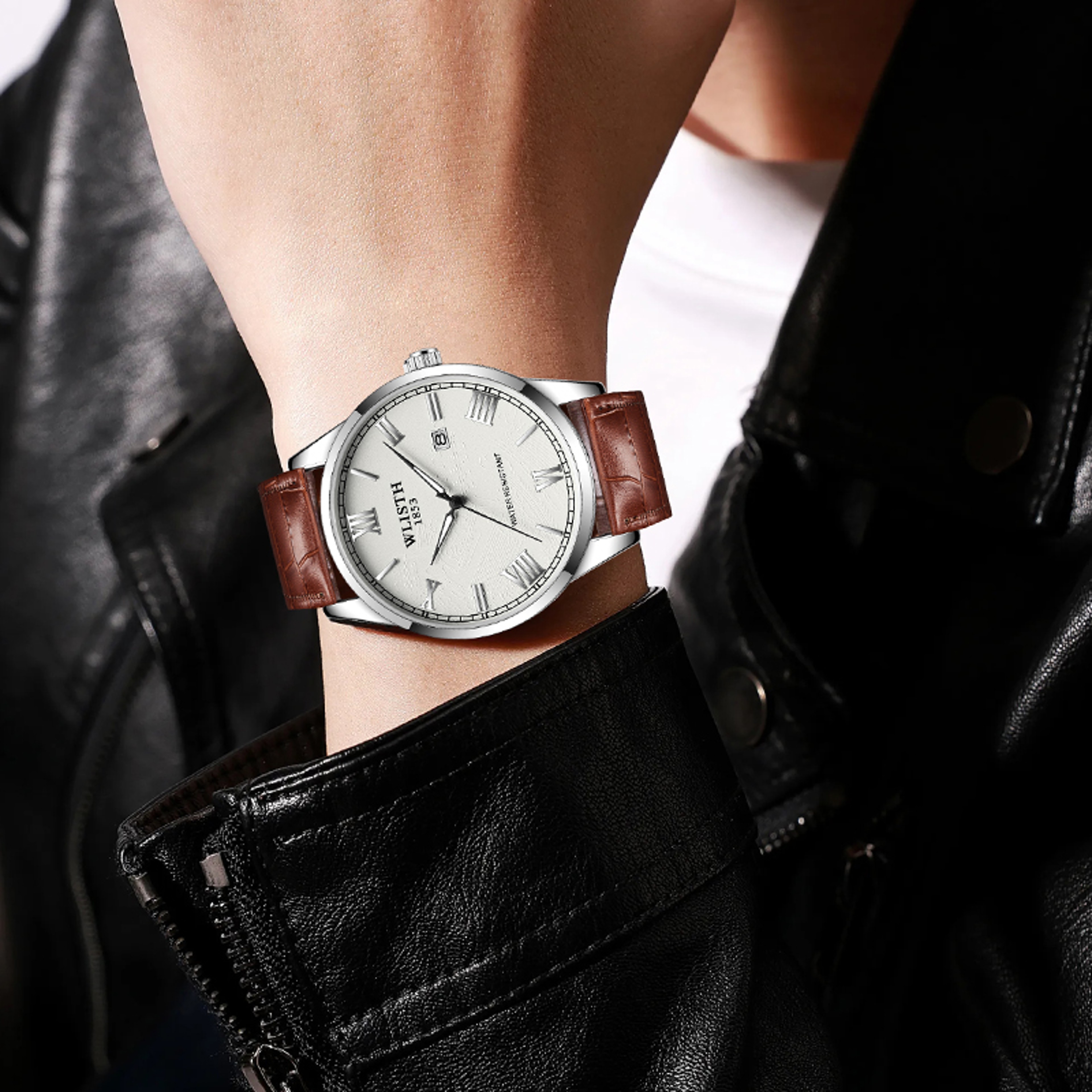 Mens Leather Watch Business Quartz Wristwatch with Calendar Sport Waterproof Design – view 3