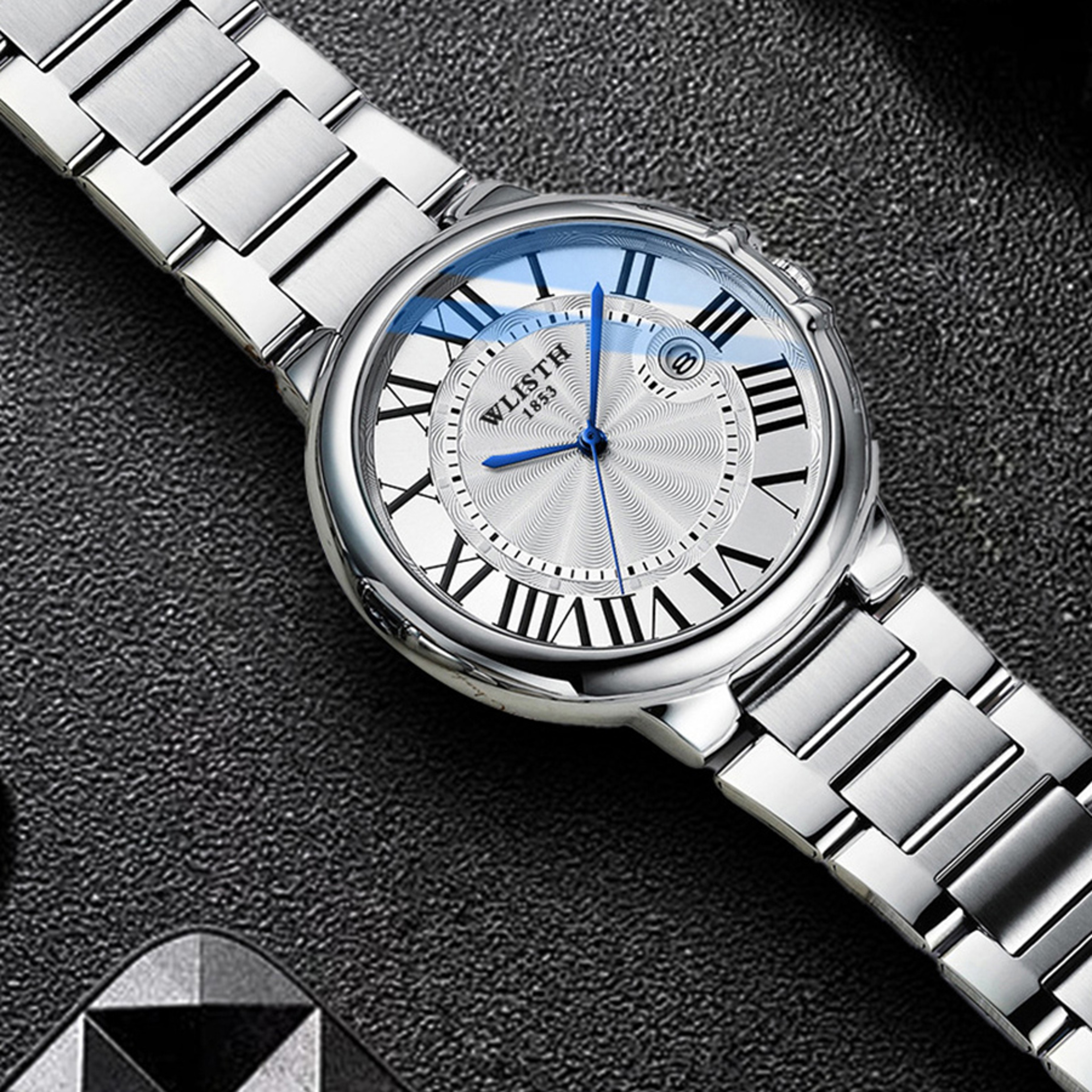 Mens Blue Dial Stainless Steel Quartz Wristwatch Waterproof Fashion Watch – view 3