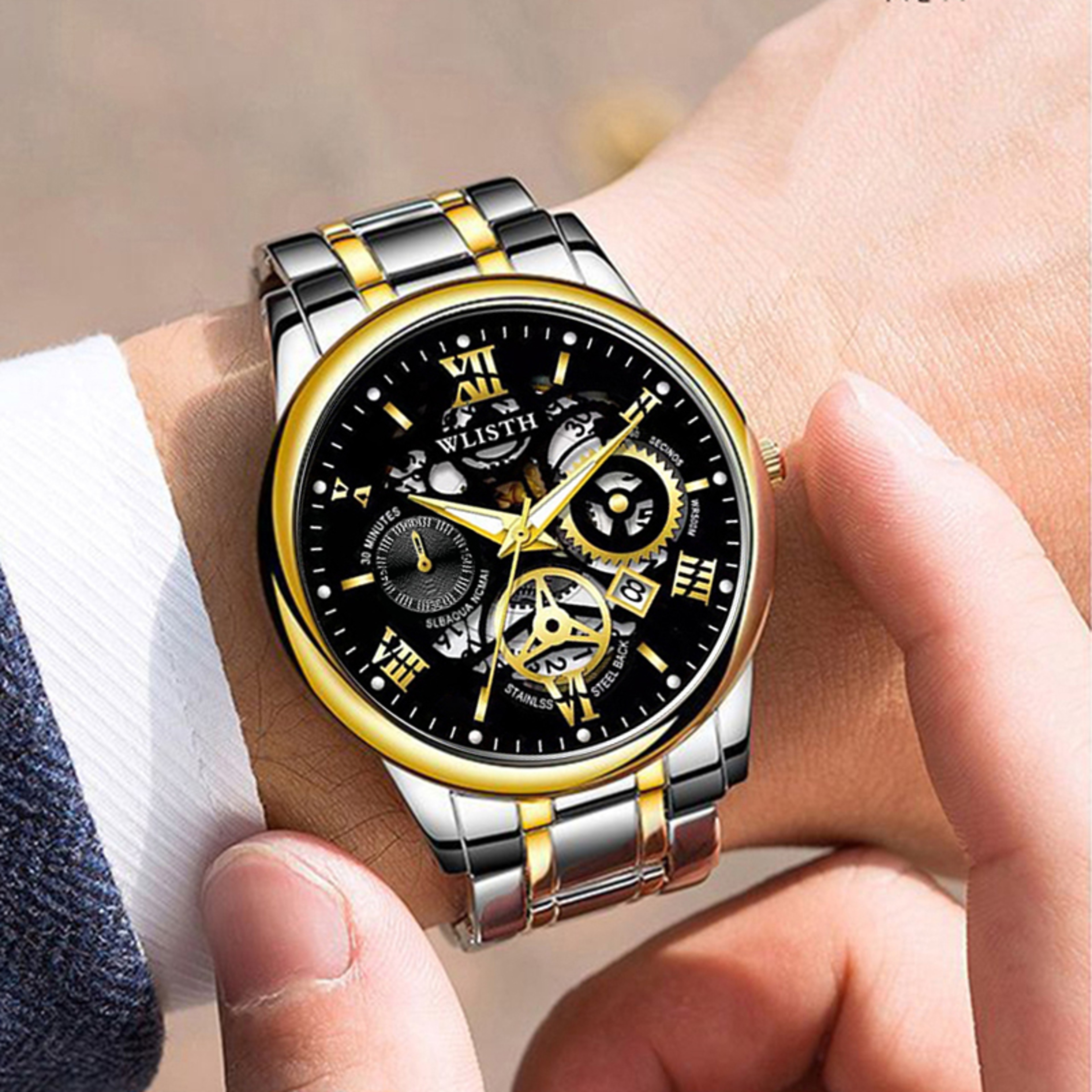 Mens Luxury Skeleton Watch for Men Stainless Steel Quartz Business Watch – view 1