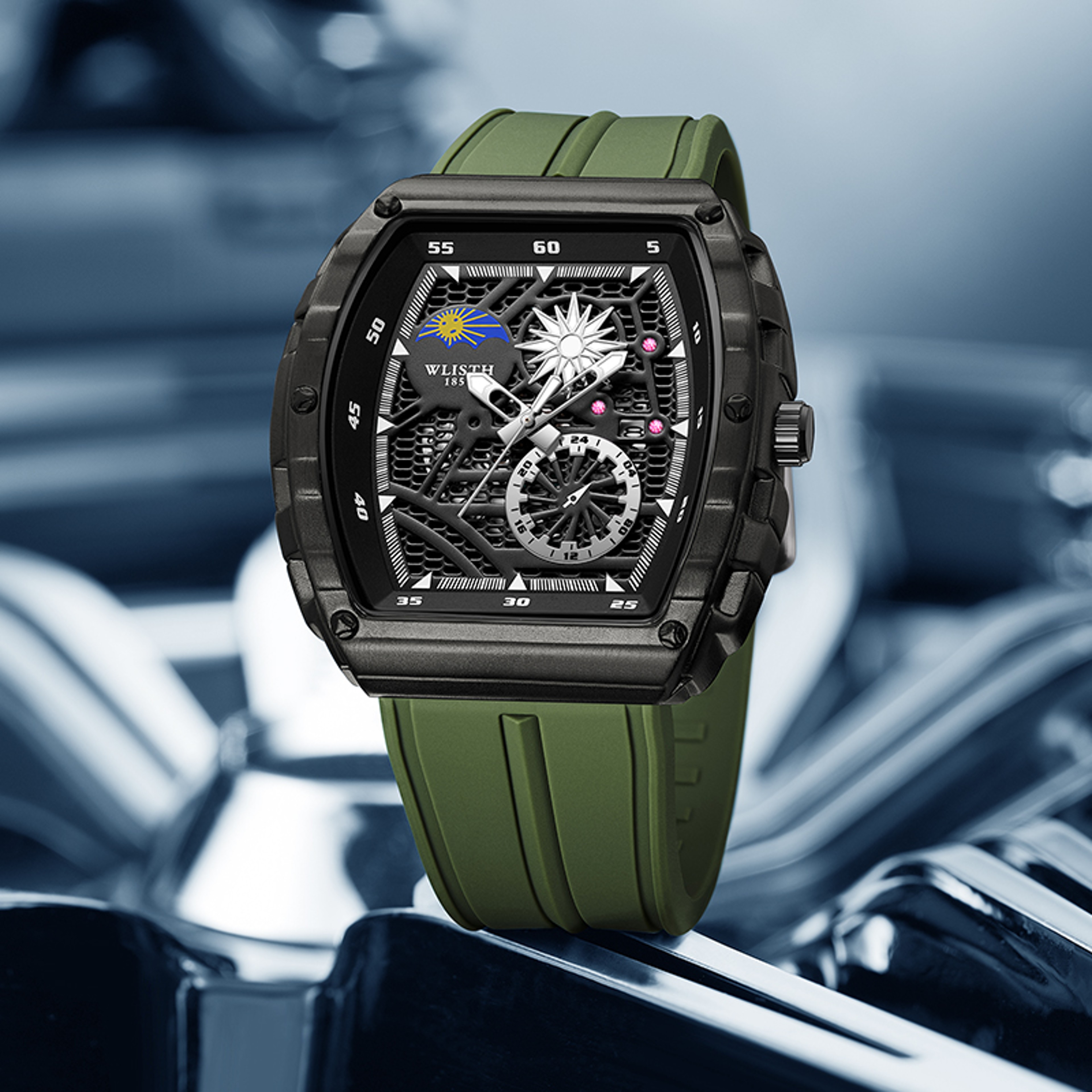Luxury Barrel Shaped Watch For Men Luminous Hollow Dial Waterproof Fashion Wristwatch 1