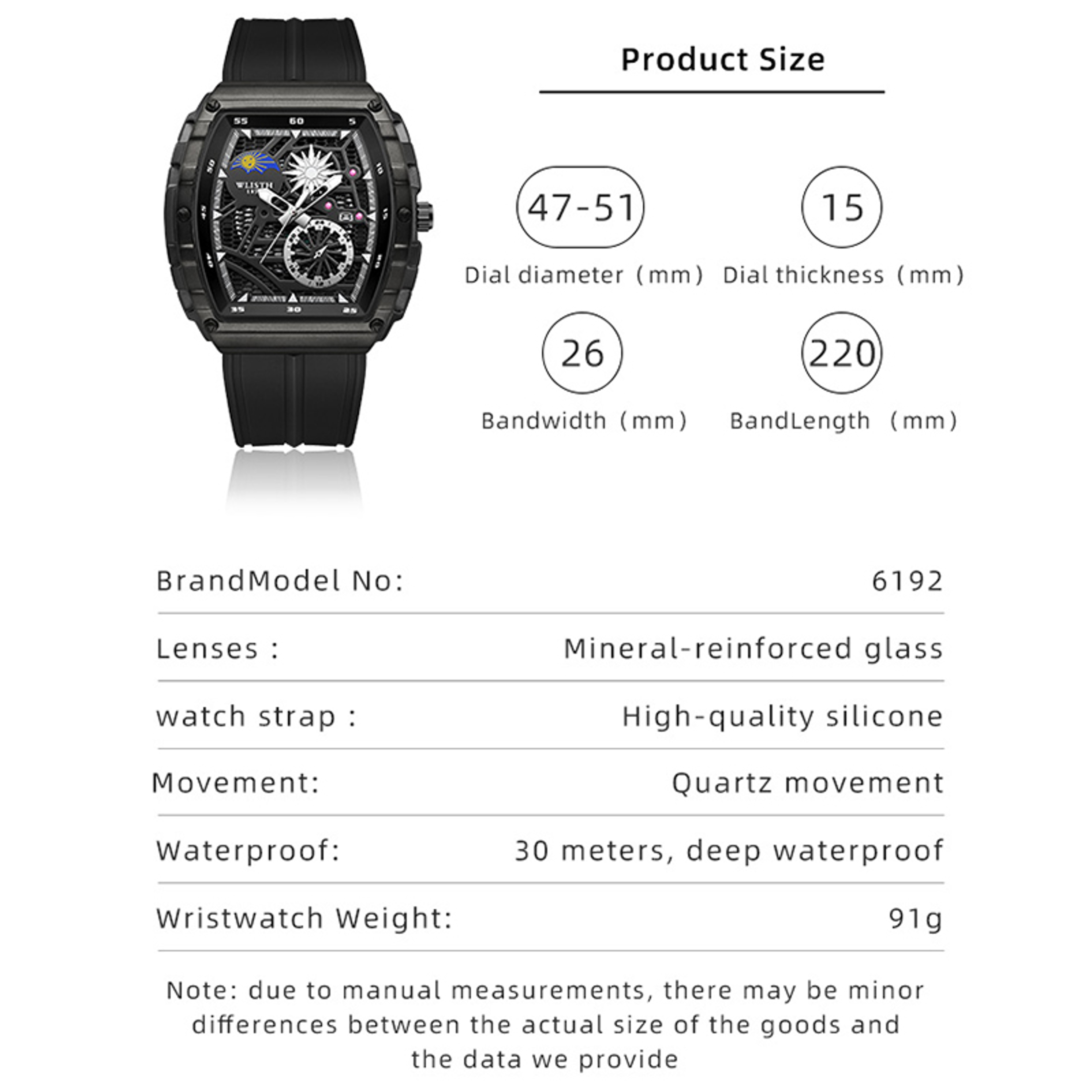 Luxury Barrel Shaped Watch For Men Luminous Hollow Dial Waterproof Fashion Wristwatch 3