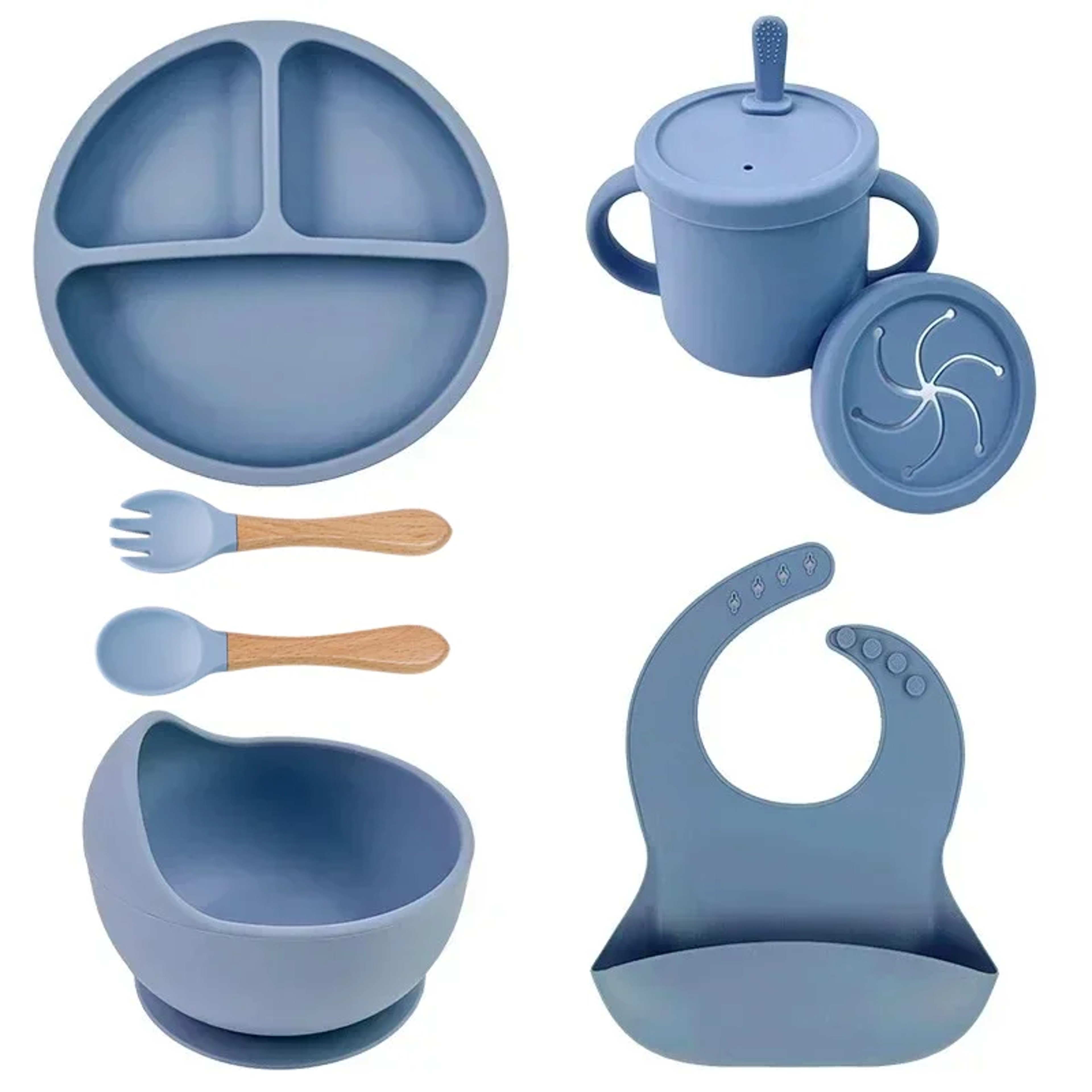 Silicone Baby Feeding Set With Suction Plate Straw Cup And Wooden Utensils 10