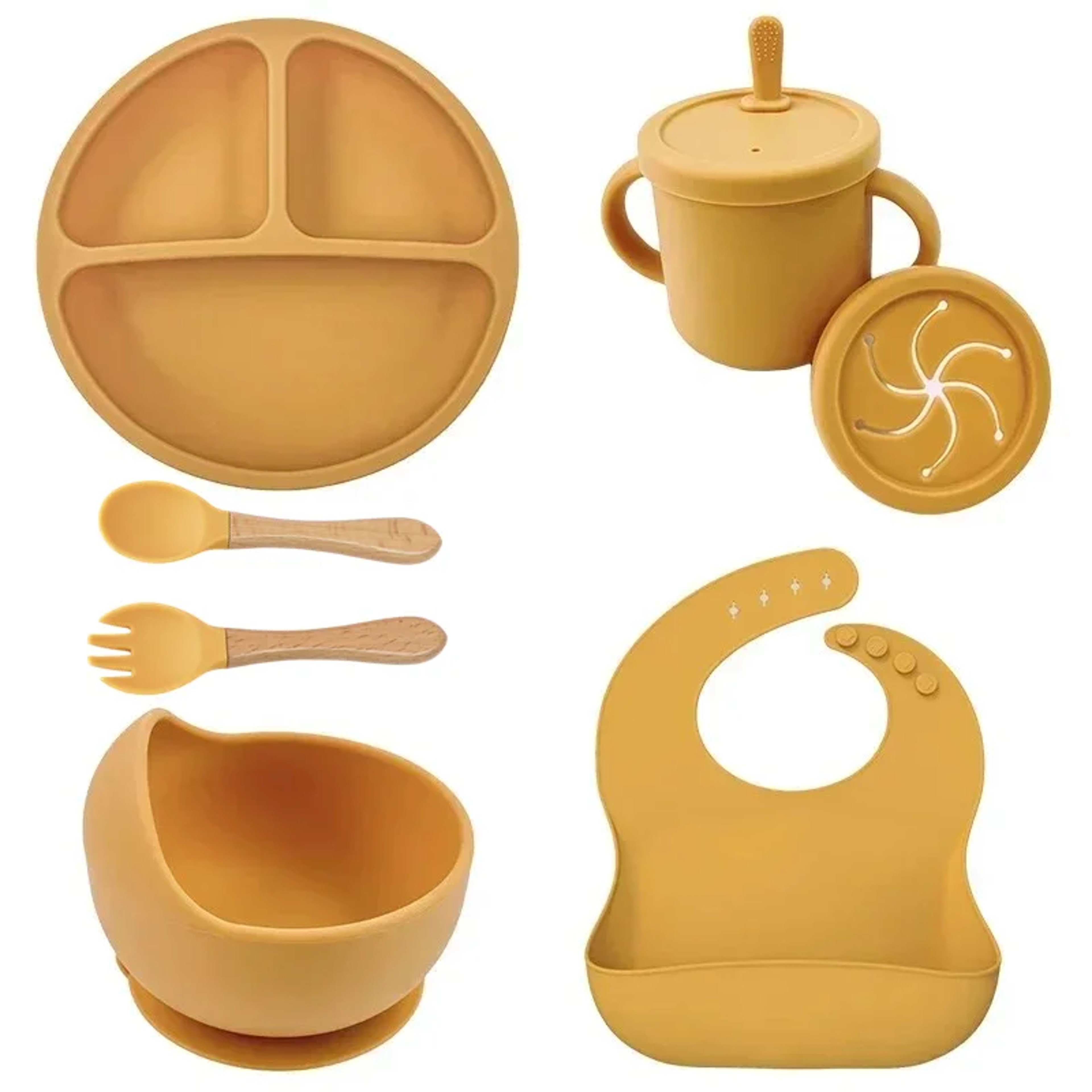 Silicone Baby Feeding Set With Suction Plate Straw Cup And Wooden Utensils 12