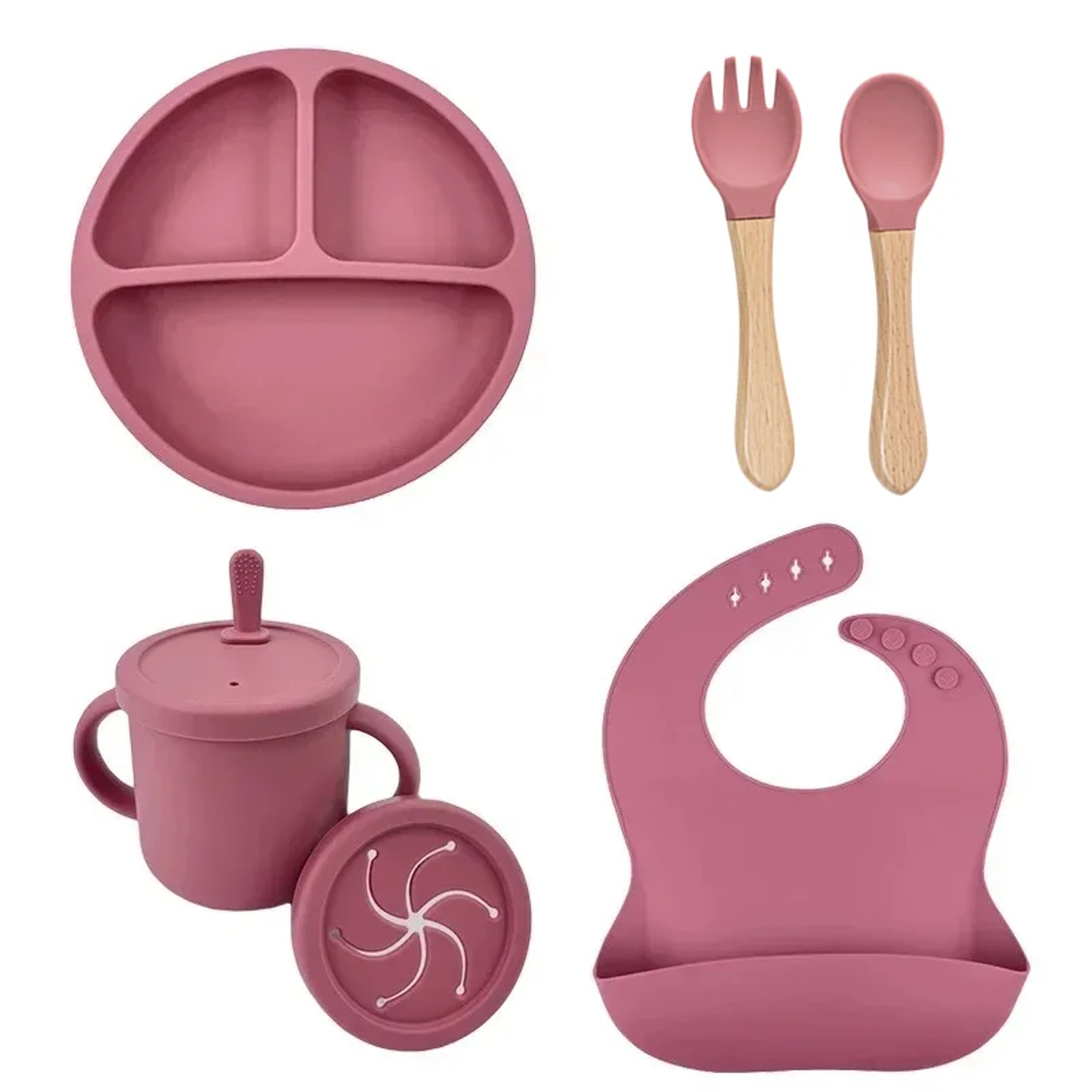 Silicone Baby Feeding Set With Suction Plate Straw Cup And Wooden Utensils 5