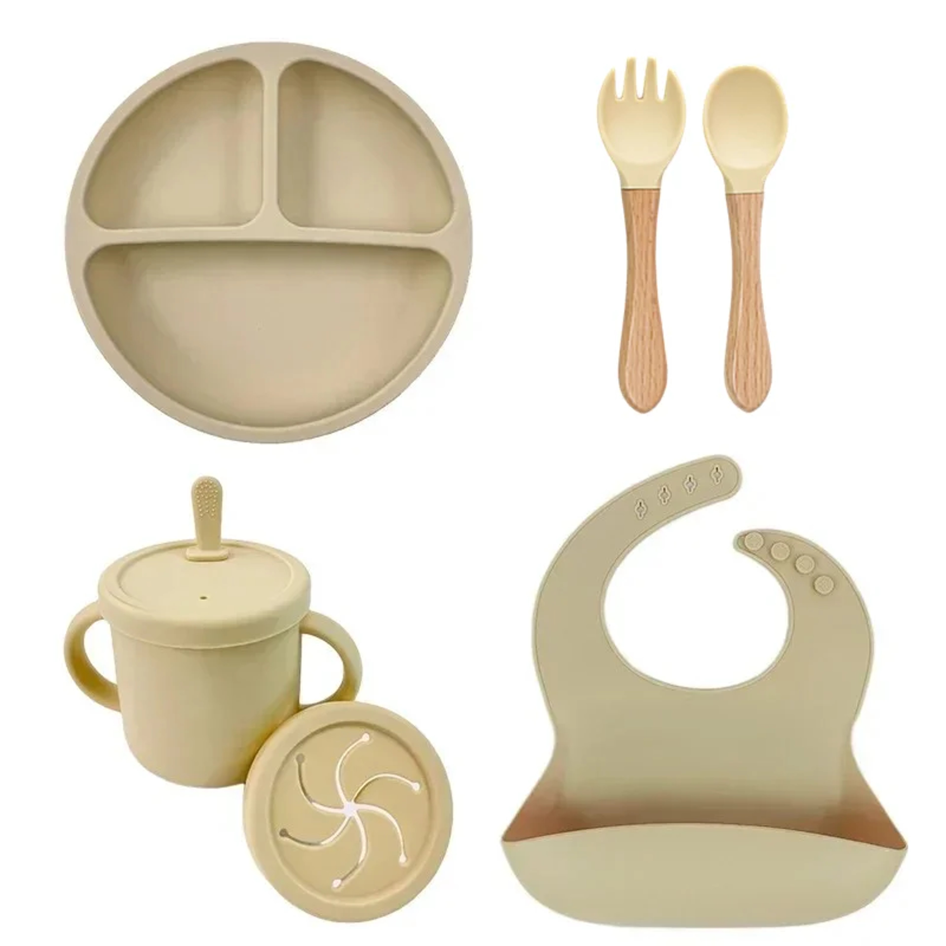 Silicone Baby Feeding Set With Suction Plate Straw Cup And Wooden Utensils 8