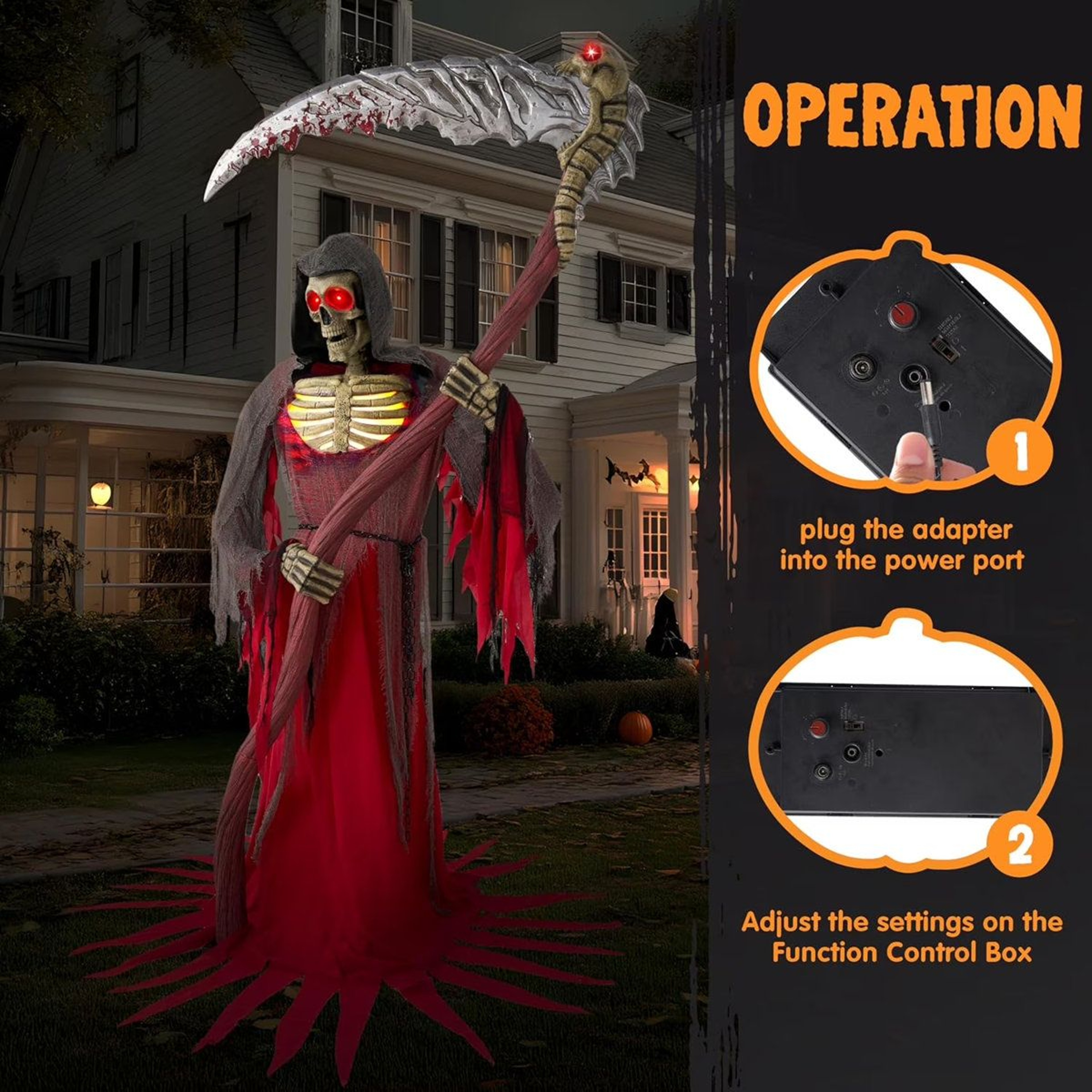 Animated Grim Reaper Halloween Decoration With Motion Sensor LED Lights And Giant Scythe 1