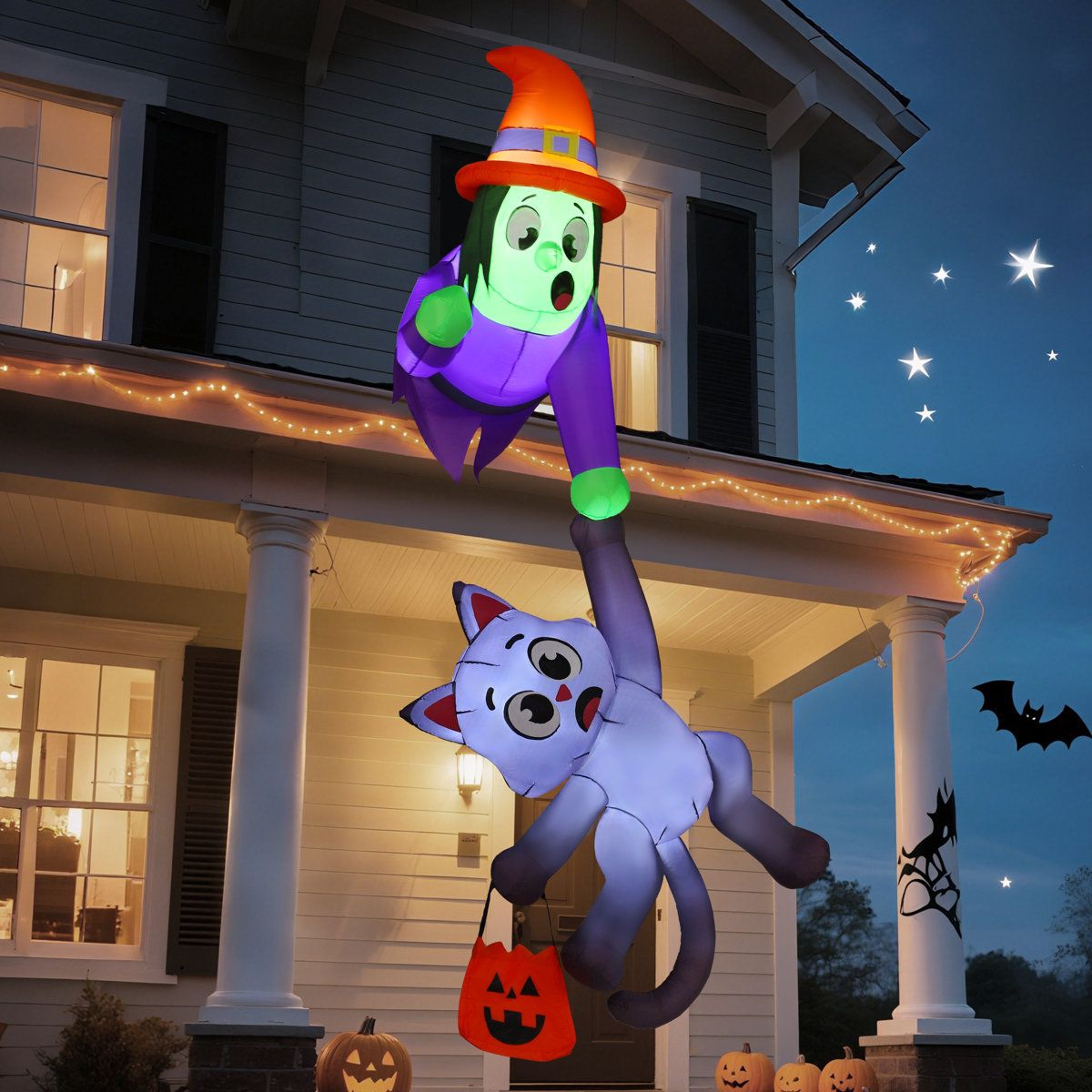 Halloween Inflatable Witch And Black Cat With LED Lights For Outdoor Decoration 3