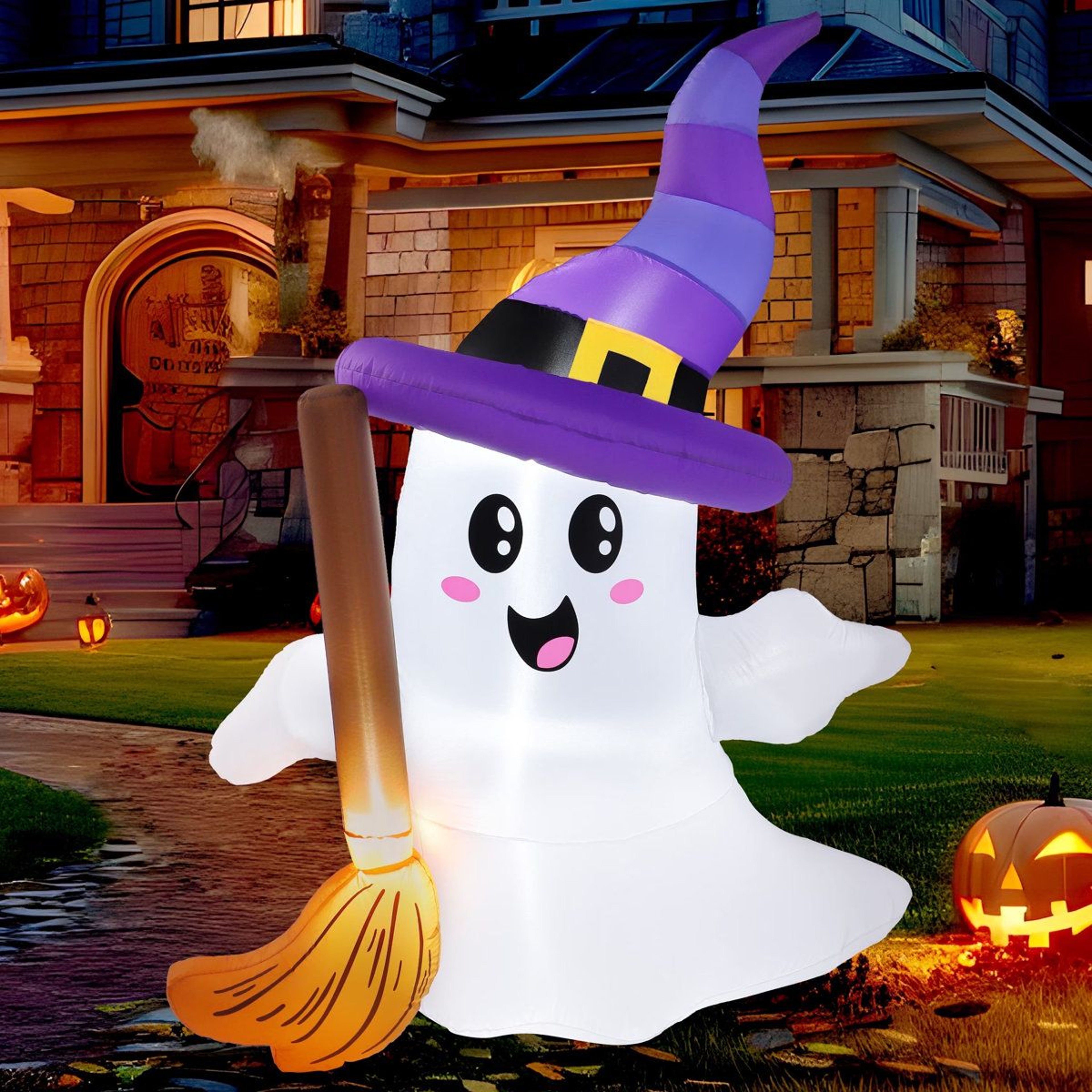 Halloween Inflatable Ghost With Broom And LED Lights For Outdoor Yard Decor 0