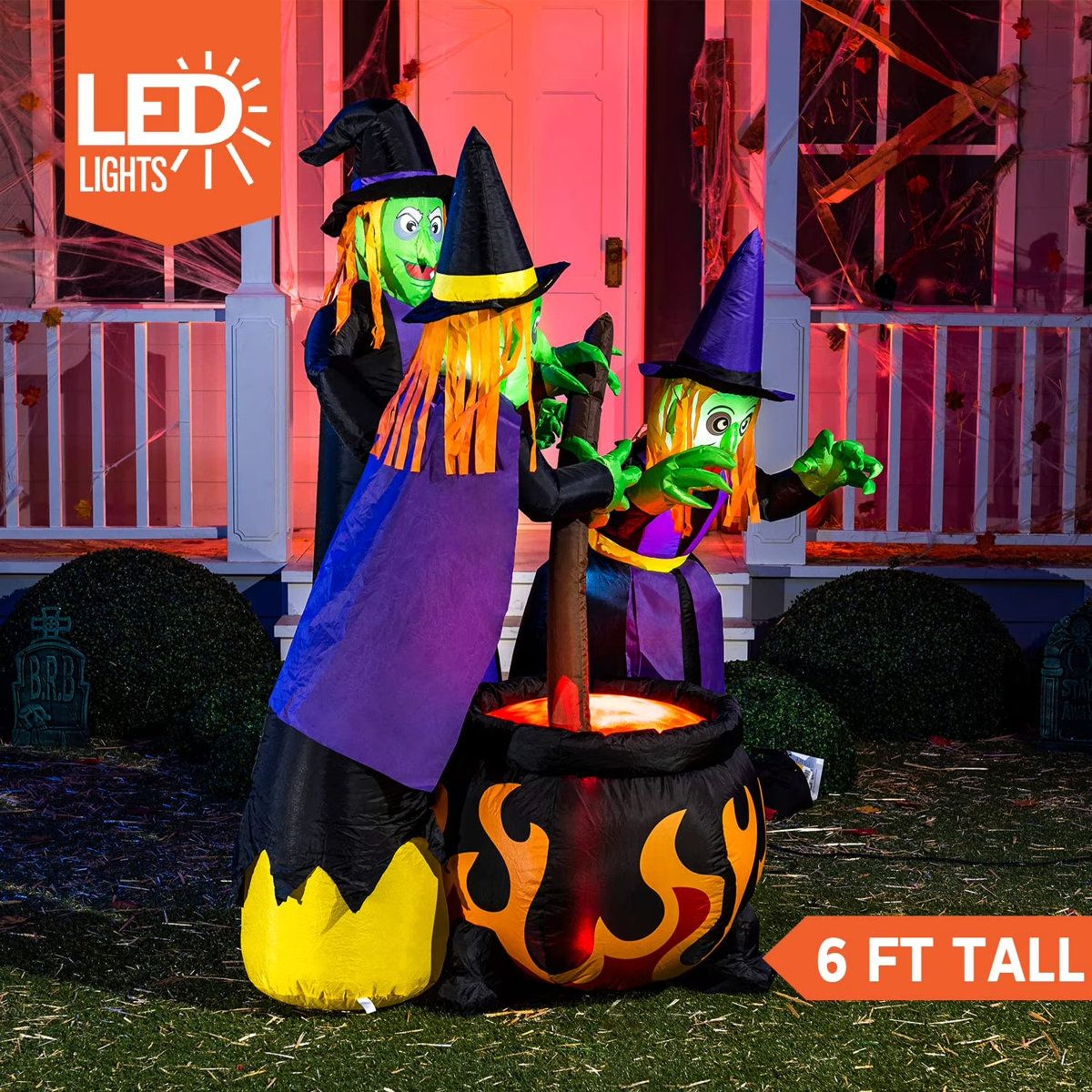 Halloween Inflatable Three Witches Around Cauldron With Flame Light 1