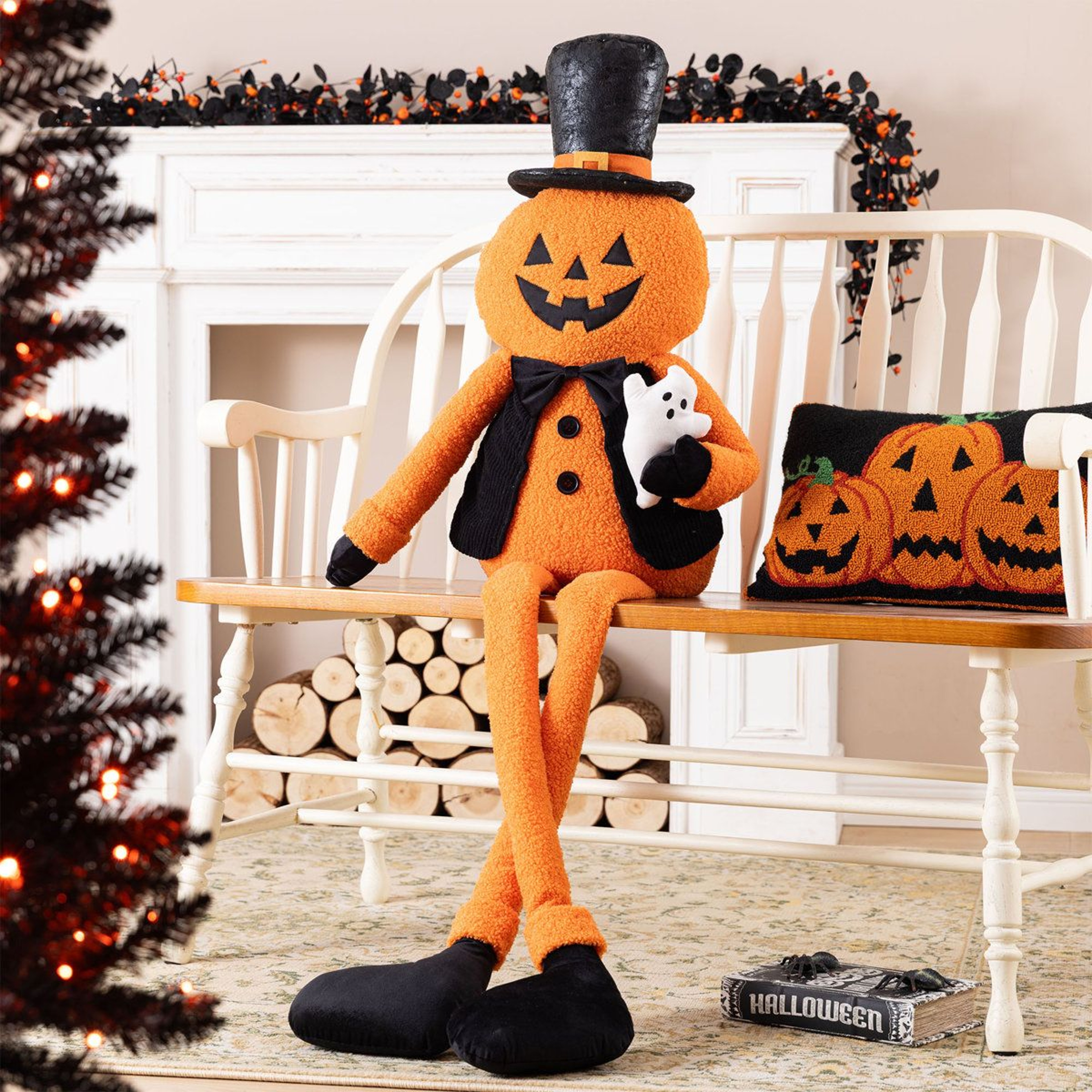 Oversized Halloween Jack O Lantern Figure With Dangling Legs And Top Hat 4
