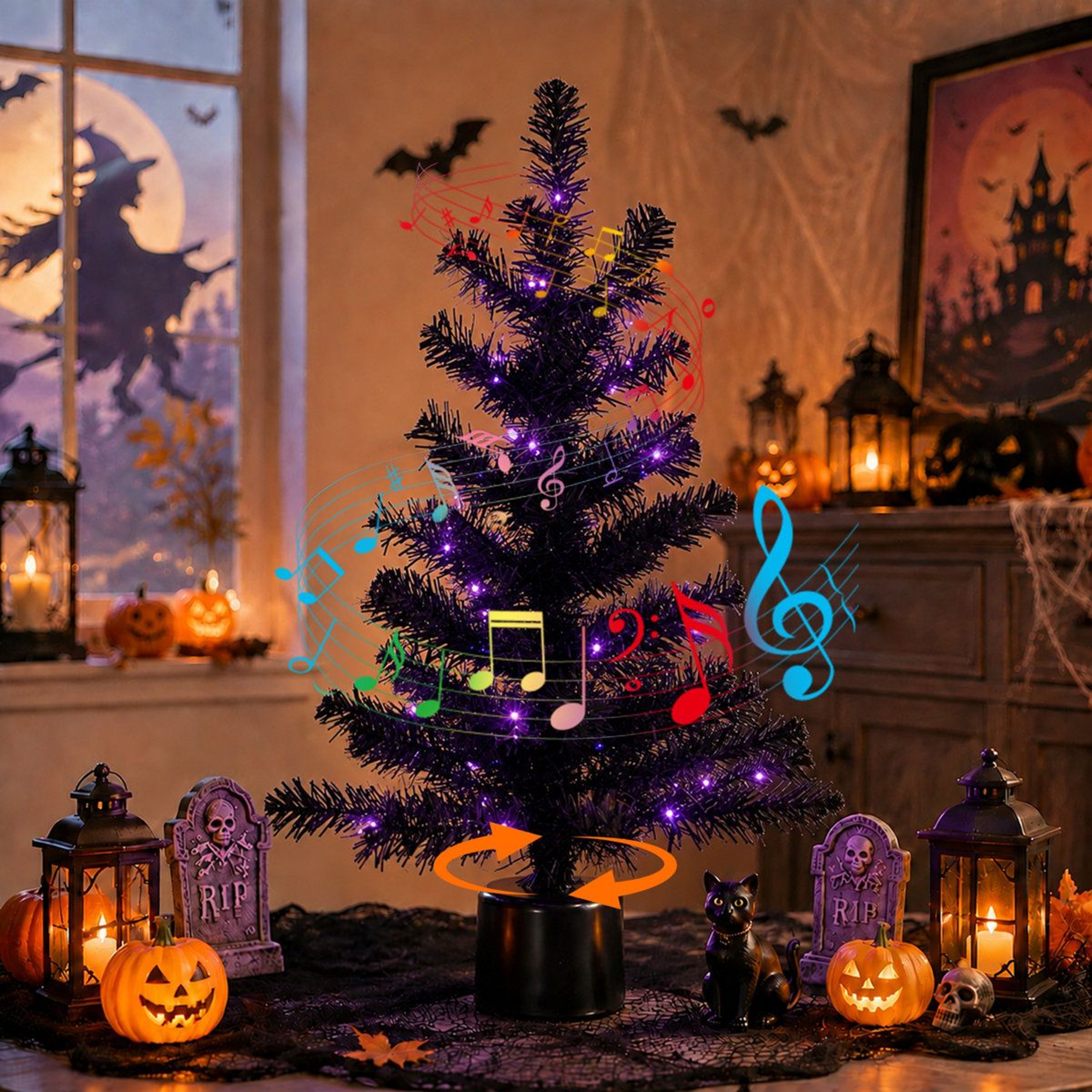 Black Rotating Halloween Tabletop Tree With Purple LED Lights And Music 5