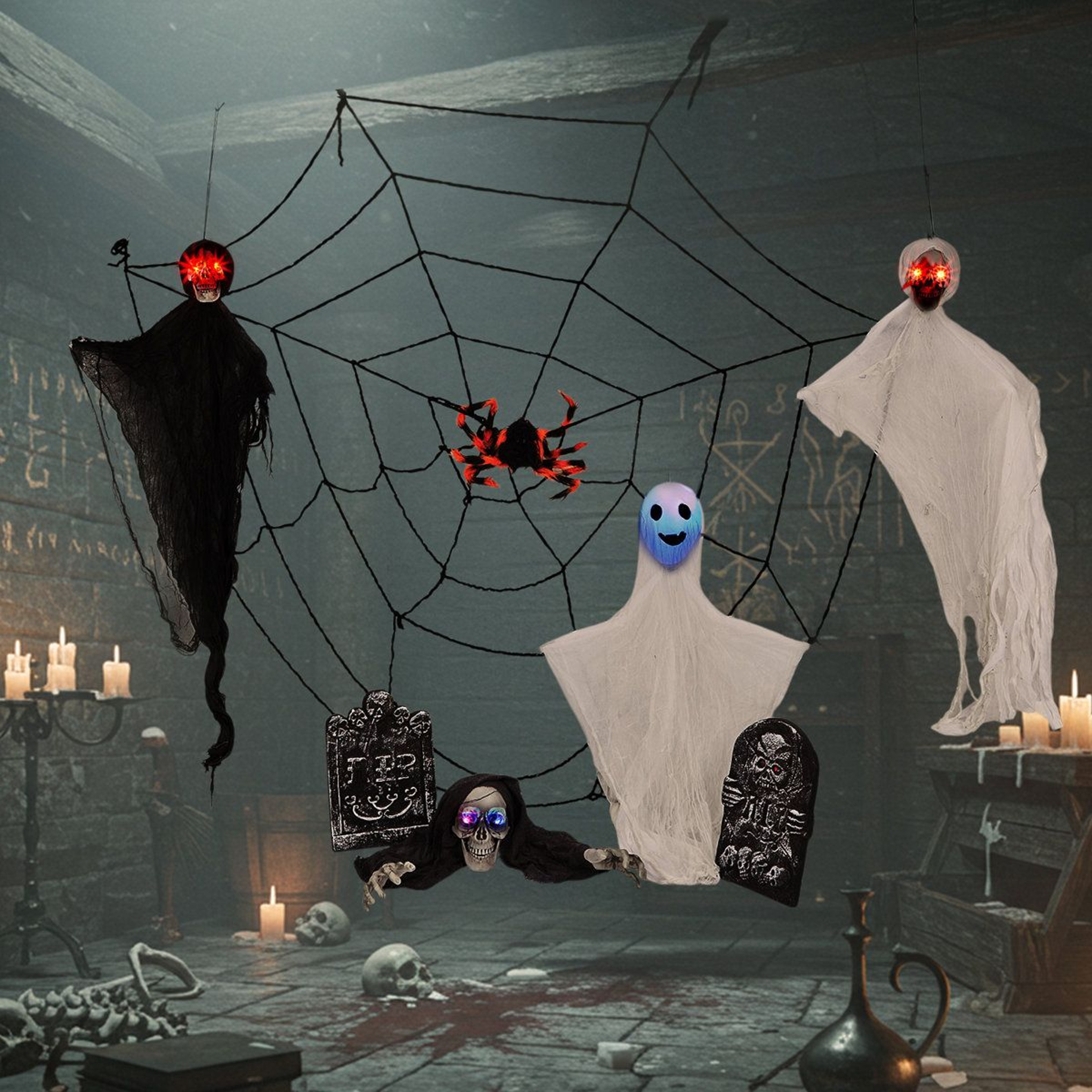 Halloween Outdoor Decorations Set With LED Light Up Ghosts And Cobweb 5