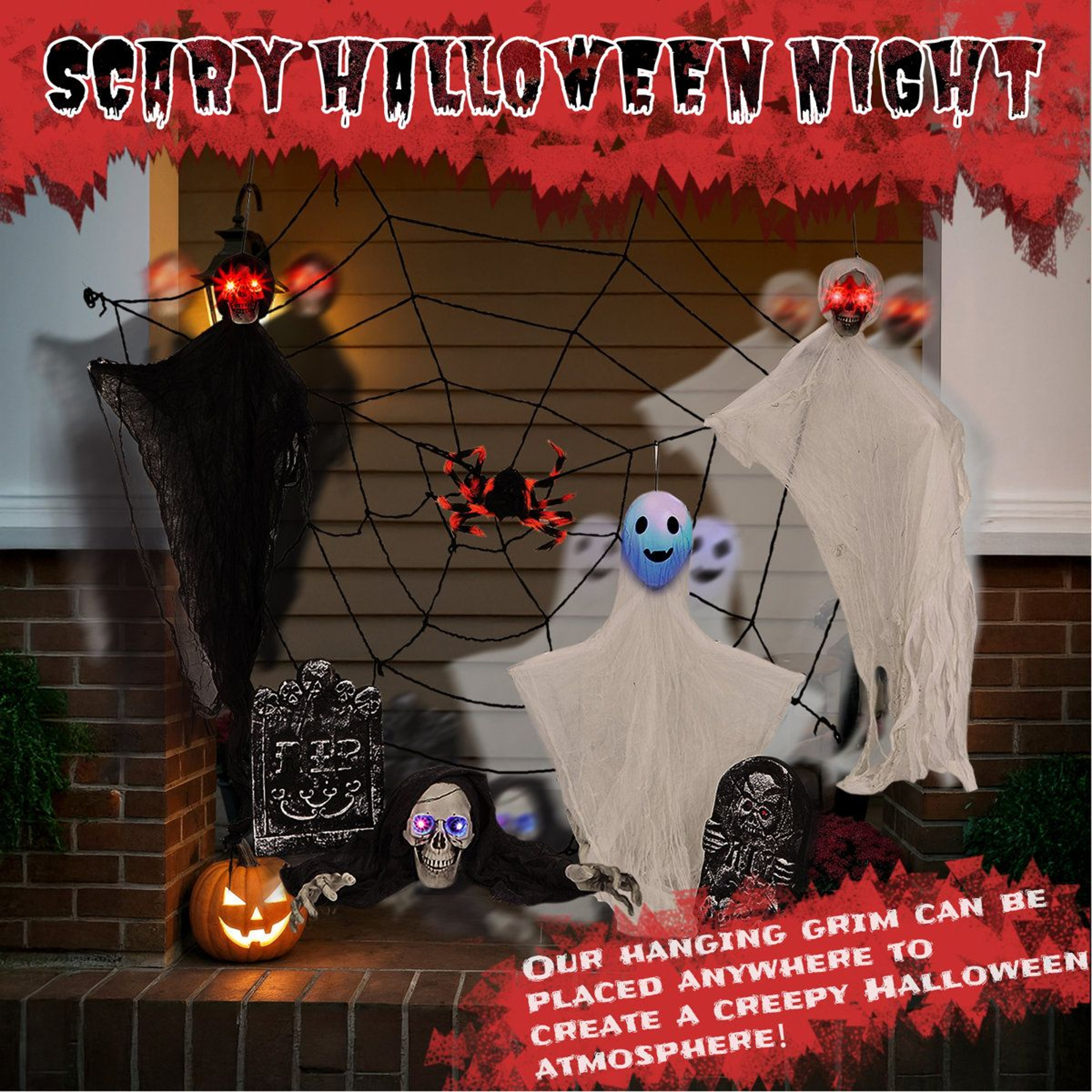 Halloween Outdoor Decorations Set With LED Light Up Ghosts And Cobweb 1