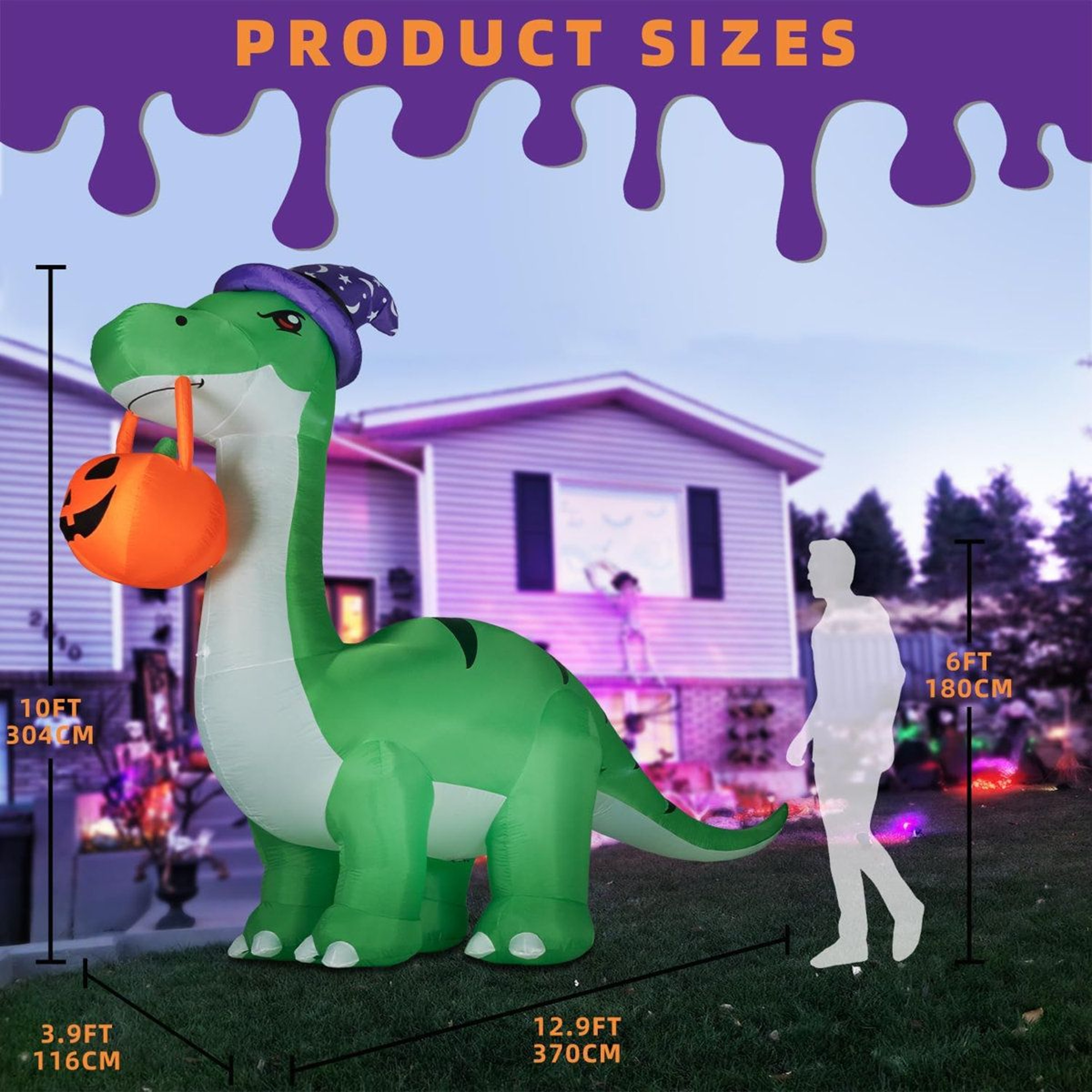 Halloween Inflatable Dinosaur With LED Lights Witch Hat And Pumpkin 2