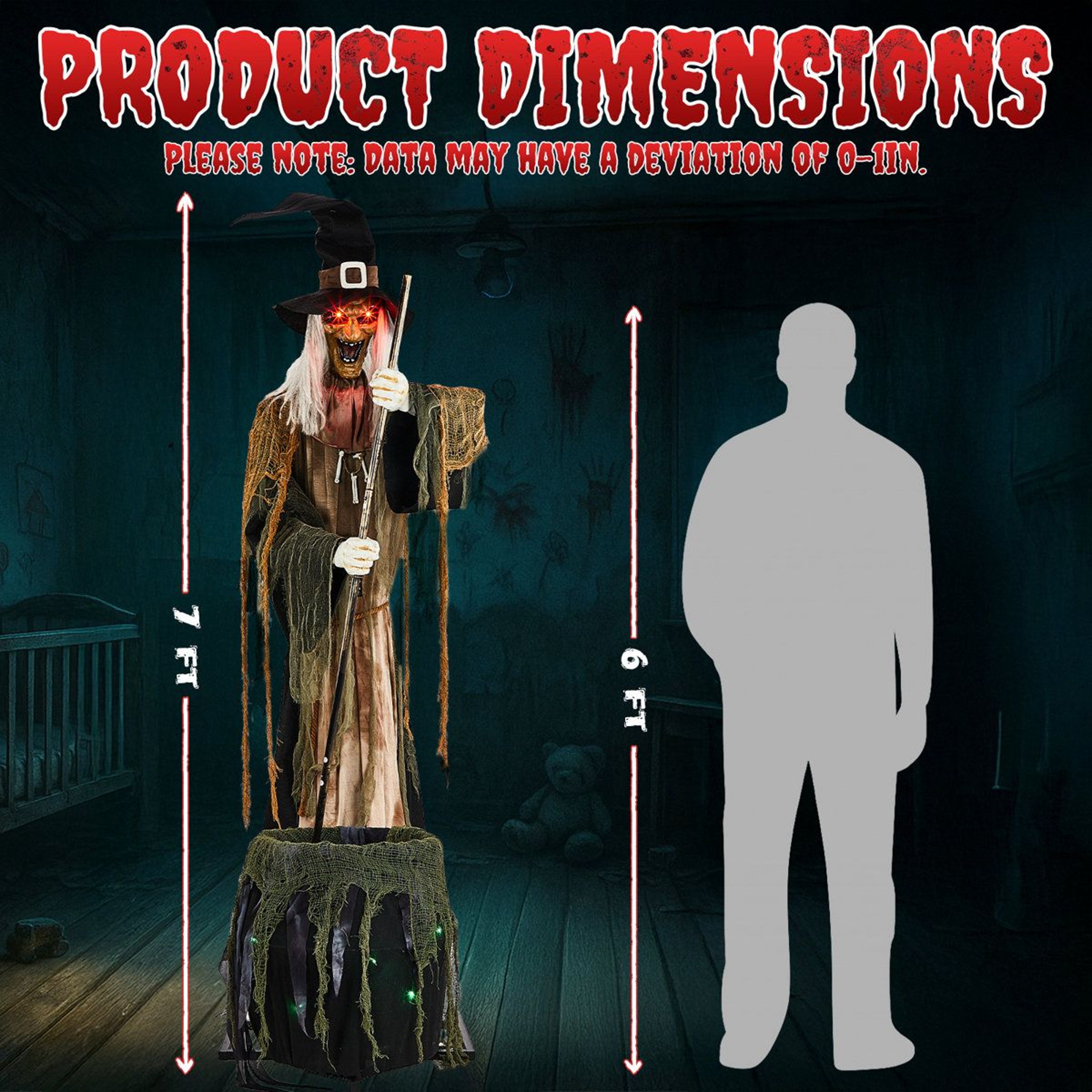 Witch Brewing Poison With Red Glowing Eyes And Green Cauldron Light Halloween Decoration 2
