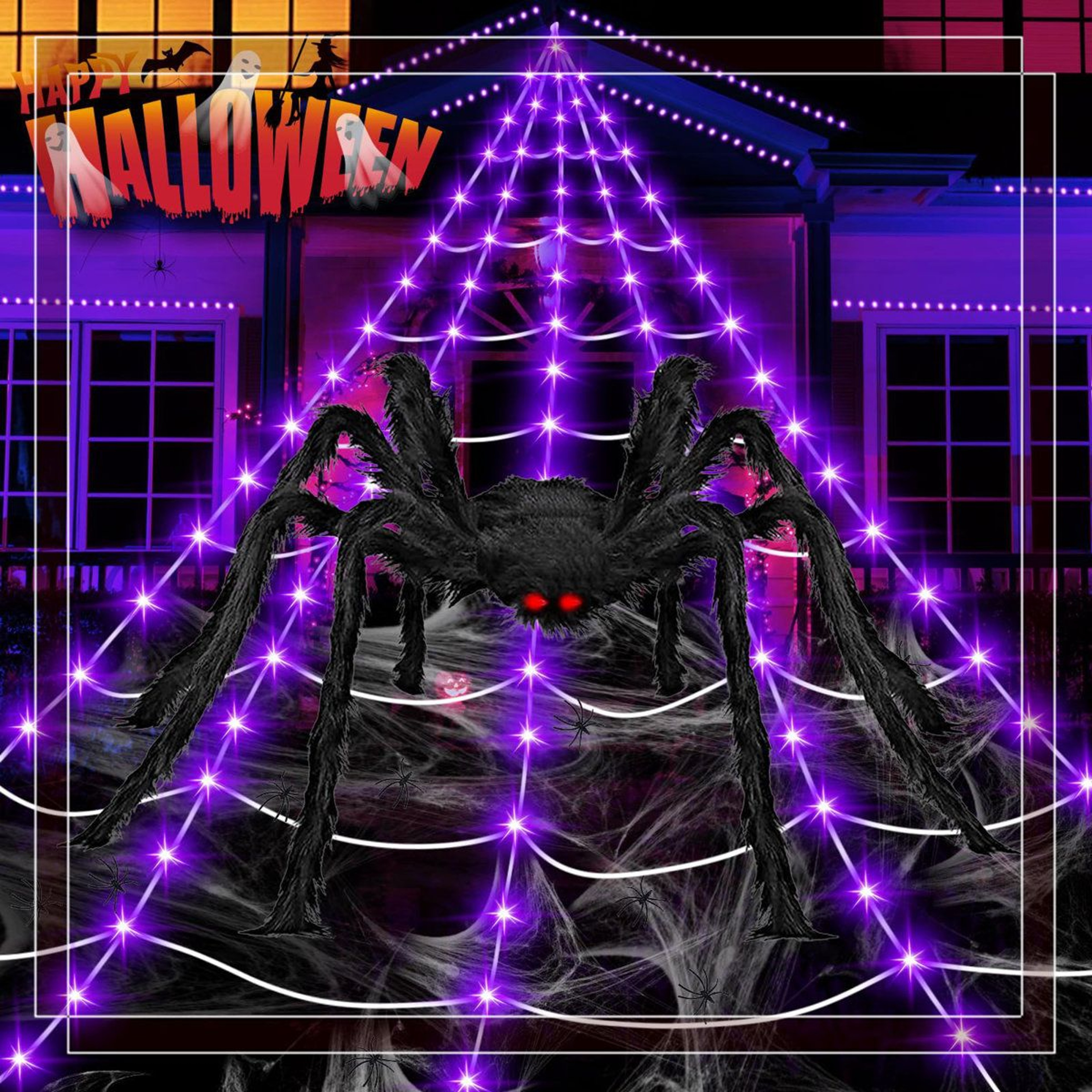Lighted Halloween Spider Web Decoration With Giant Spider 200 LED Lights 0
