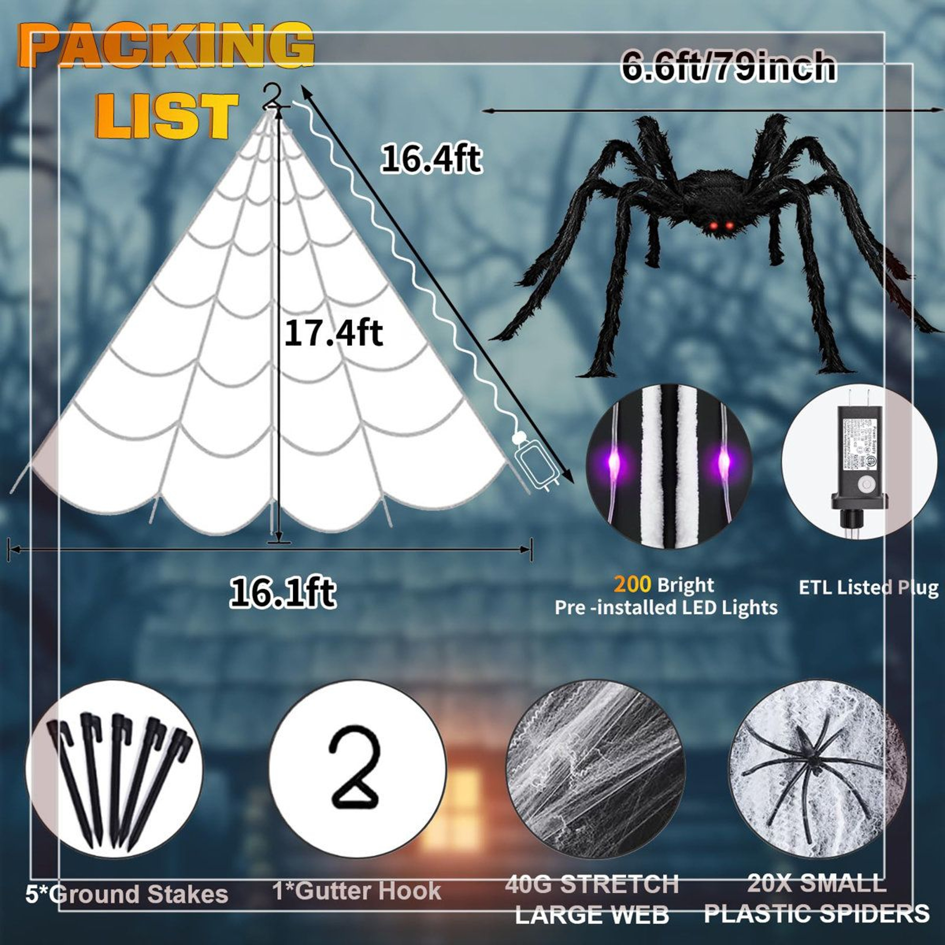 Lighted Halloween Spider Web Decoration With Giant Spider 200 LED Lights 4