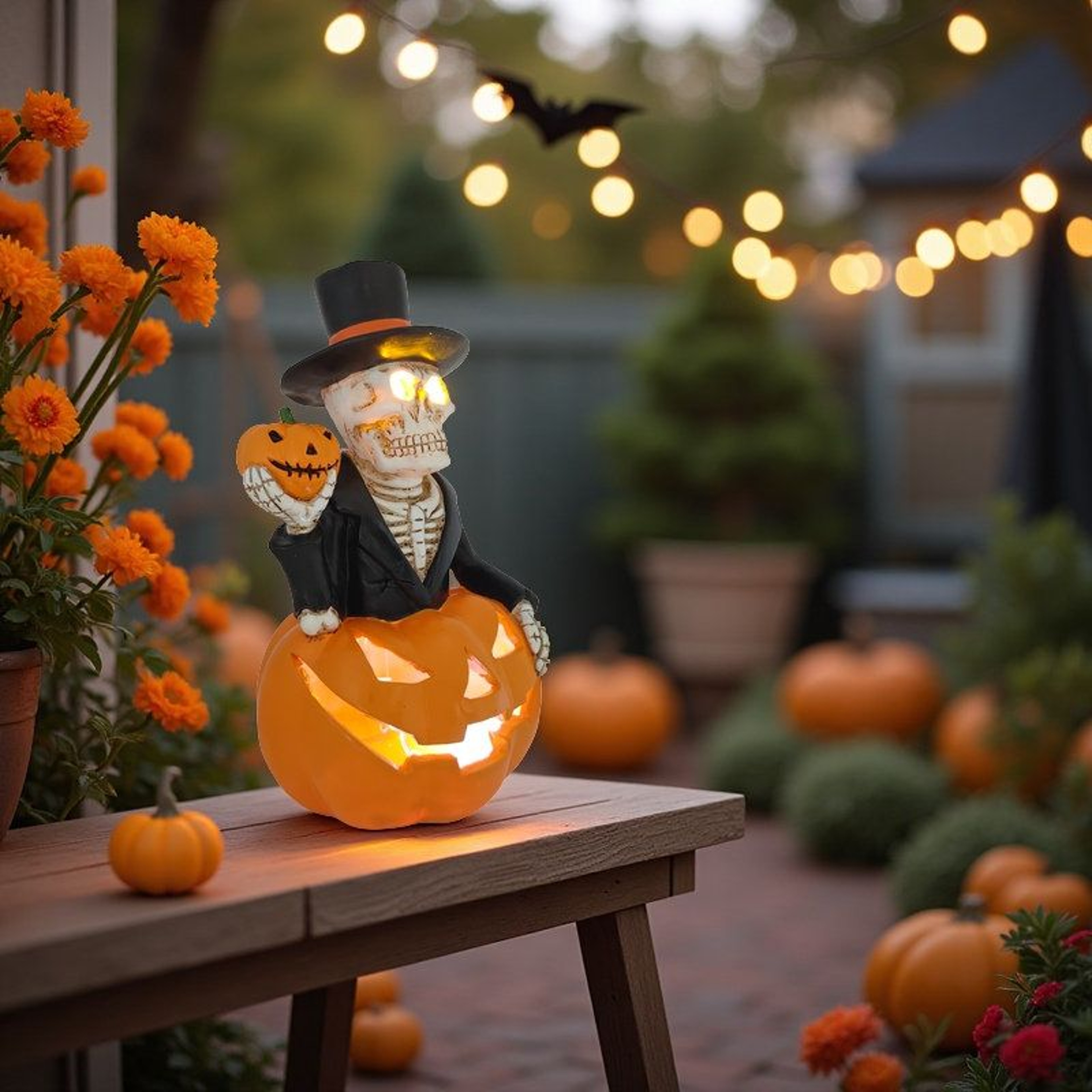 Halloween Skeleton Pumpkin Statue With LED Lights For Outdoor Decor 2