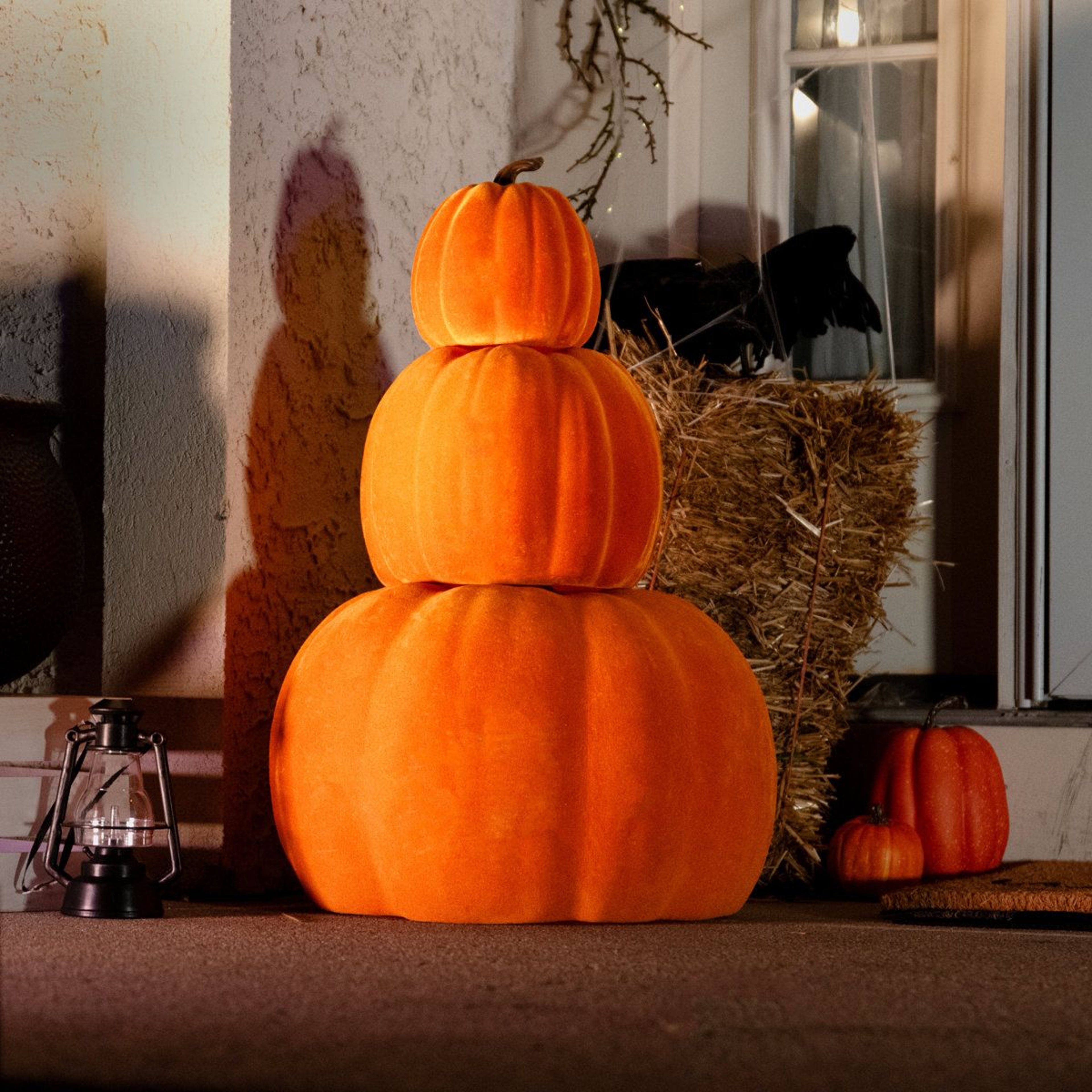 Flocked Pumpkin Stack With Stakes Halloween Garden Decoration 3