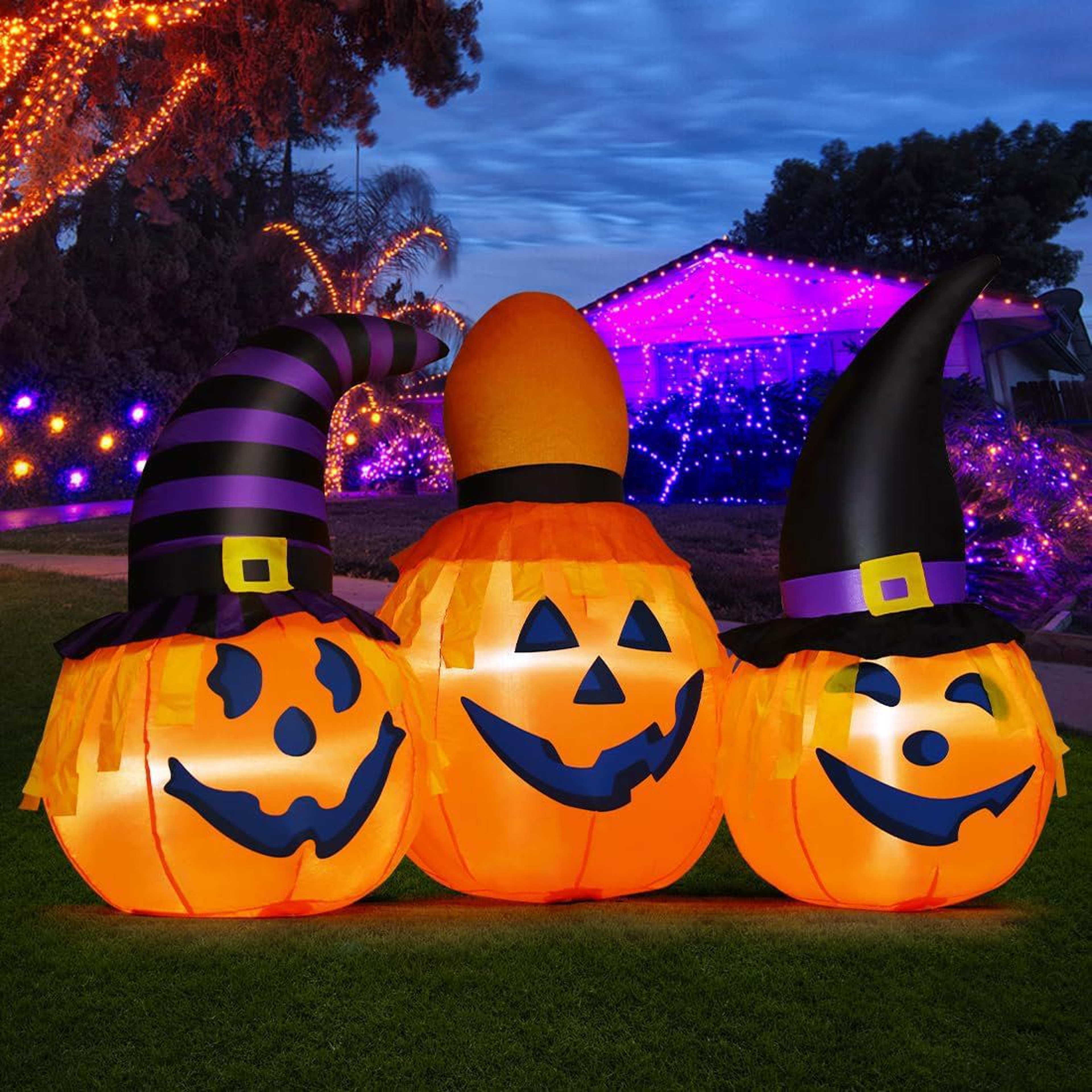 Halloween Inflatable Three Pumpkins With Witch Hats And LED Lights 2