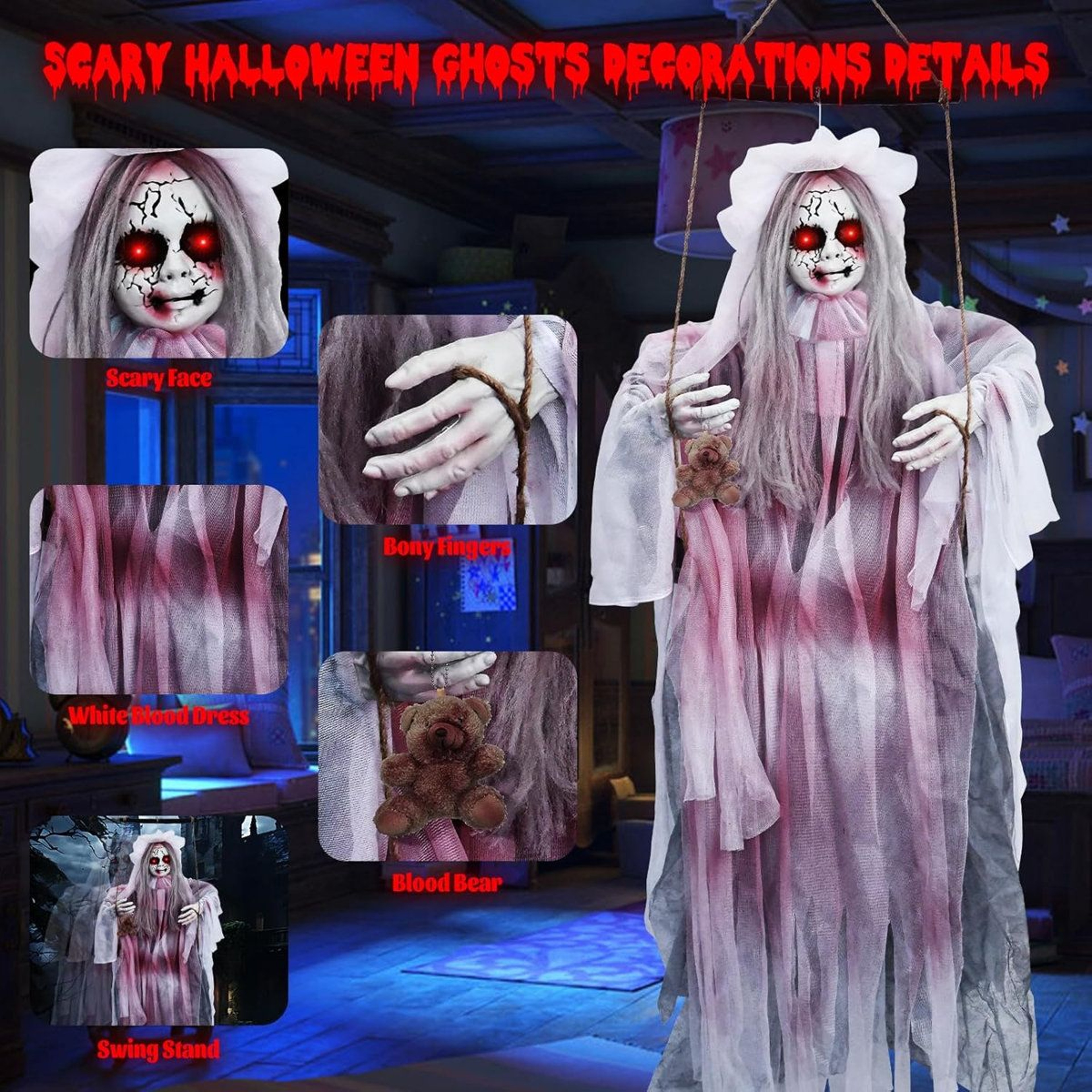 Halloween Animatronic Hanging Girl Ghost With Swinging Motion And LED Eyes 5