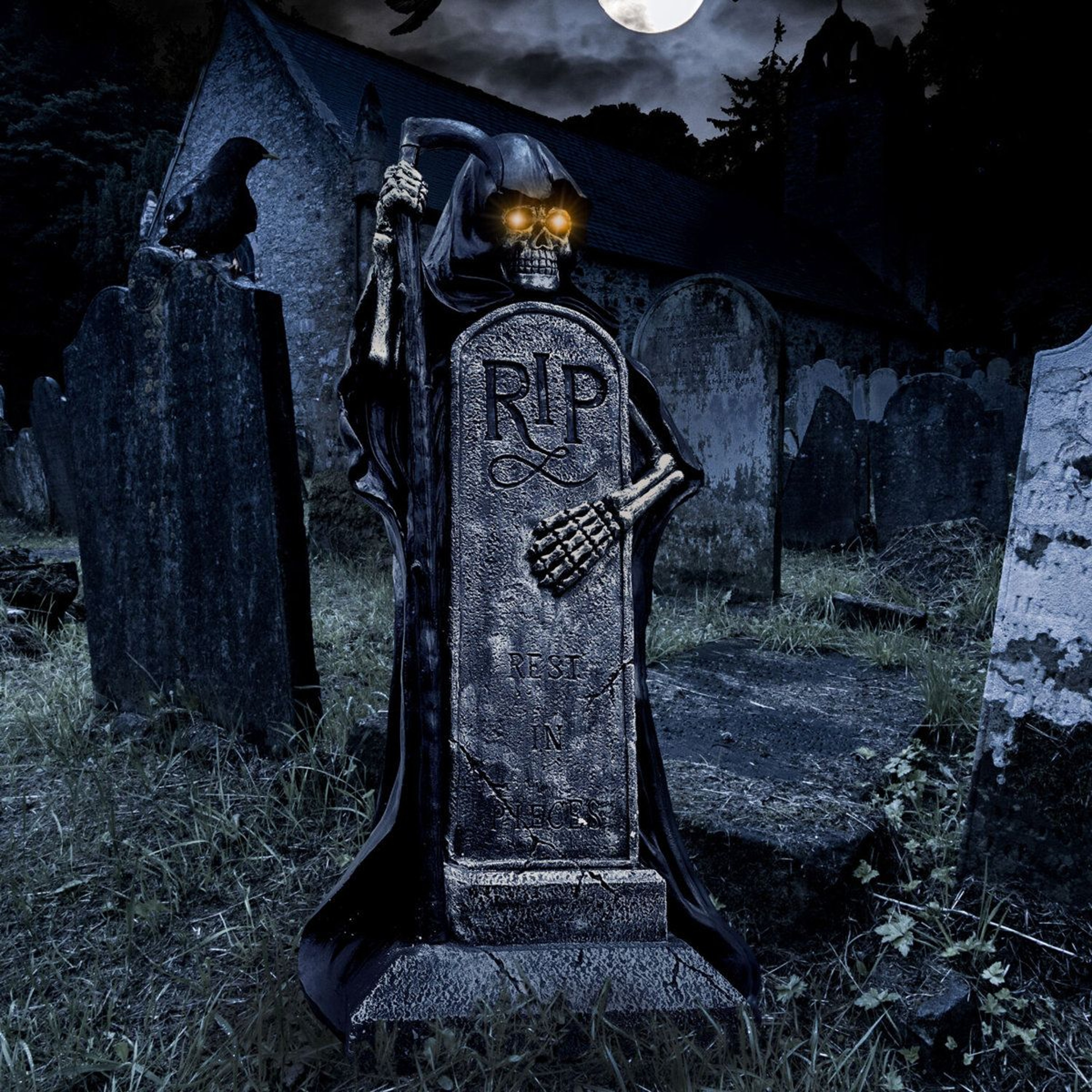 Grim Reaper Halloween Statue With Sickle And LED Eyes 3