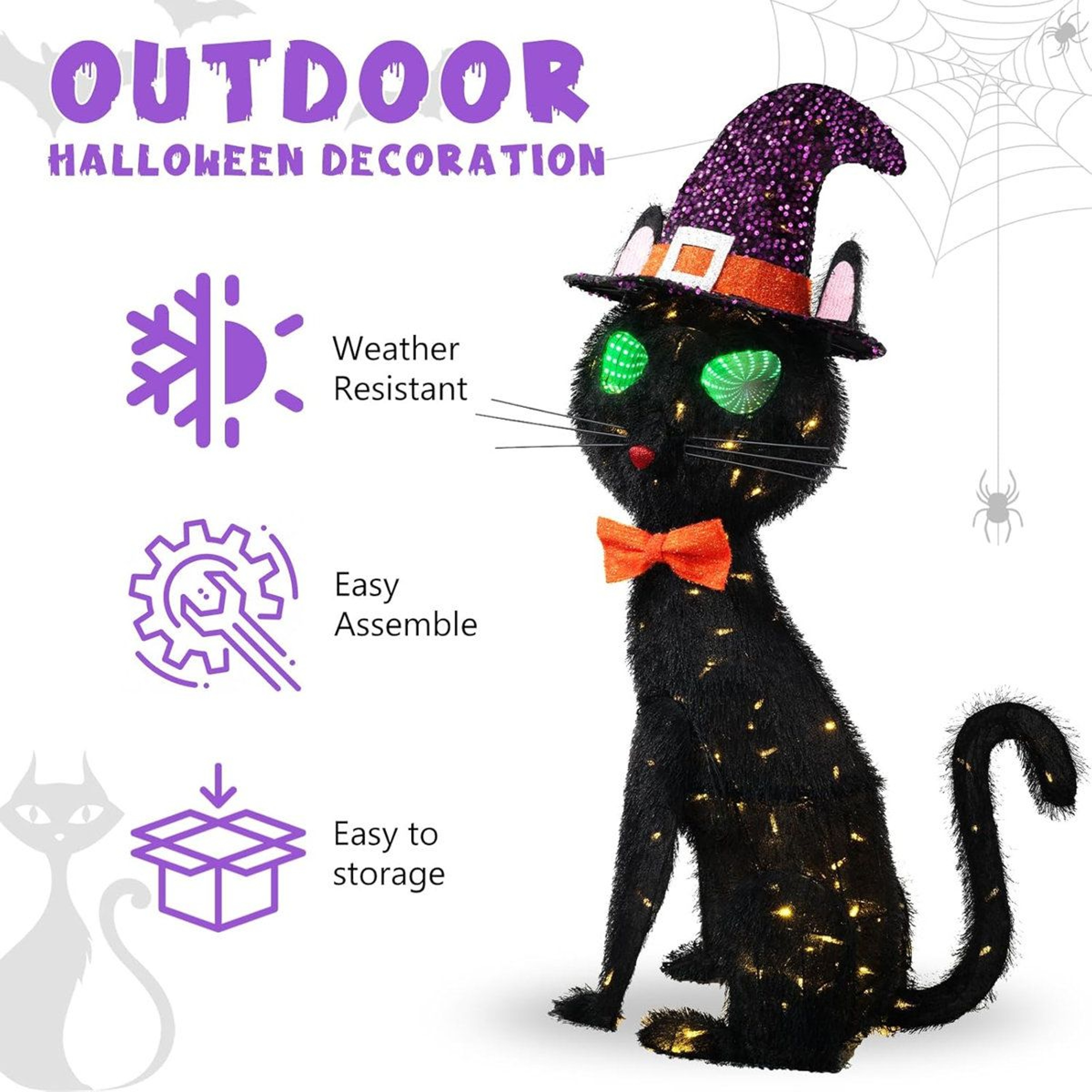 Light Up Black Cat Halloween Decoration With Flashing Eyes And Witch Hat 3