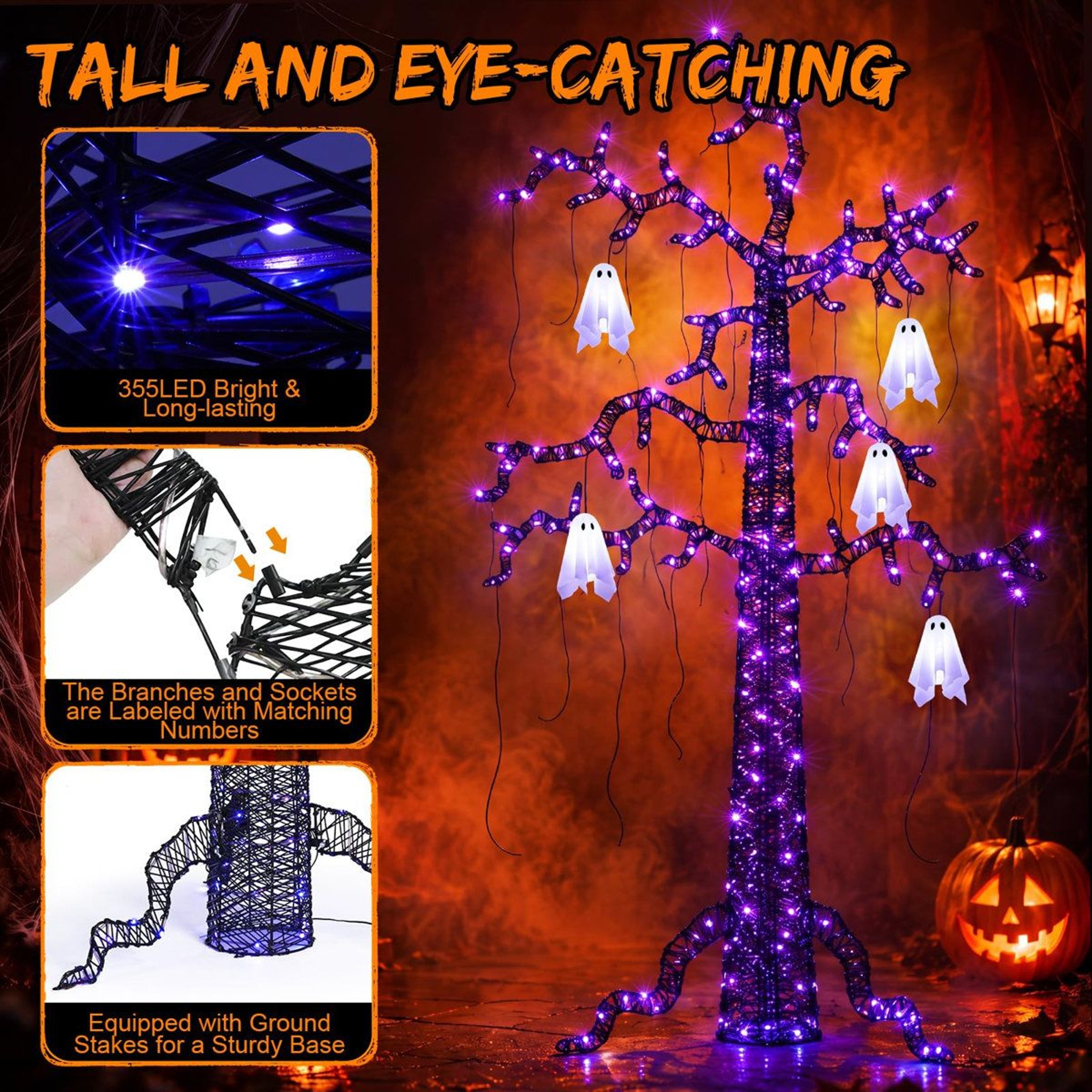 Lighted Black Halloween Tree With Ghost And Purple LED Lights 1