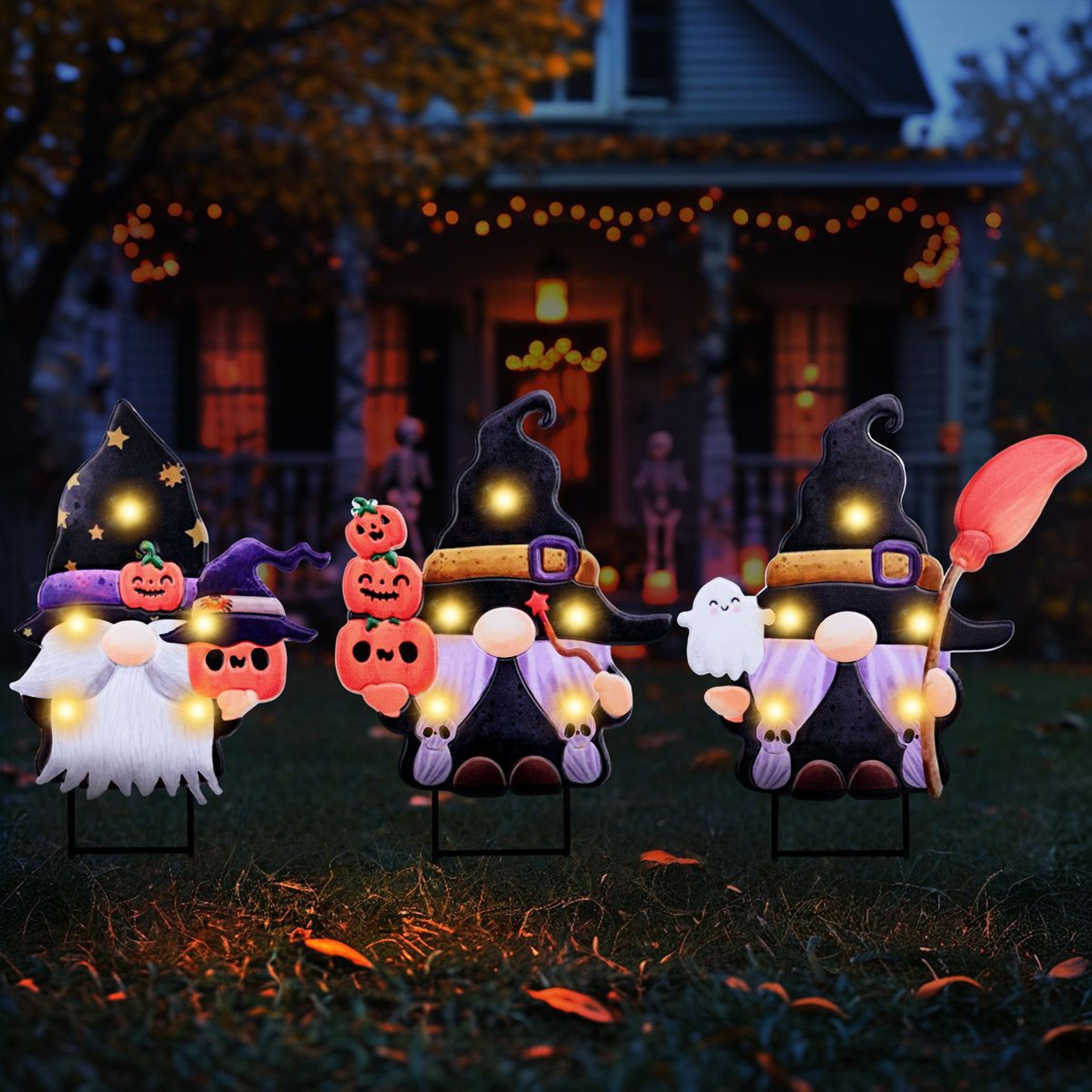 Halloween Gnome Yard Stakes With LED Lights And Timer 0