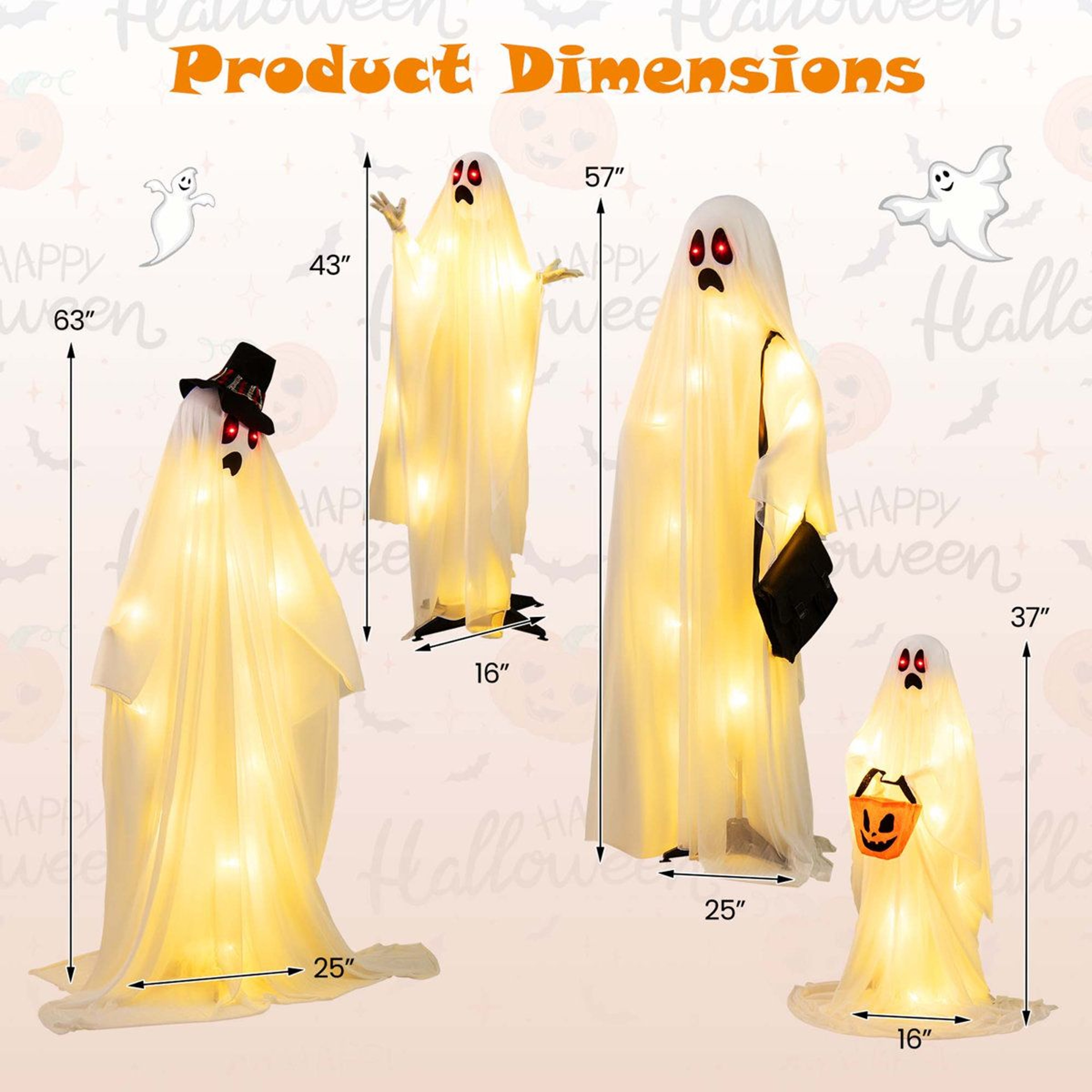 Lighted Ghost Halloween Outdoor Decoration With White LED Lights 3
