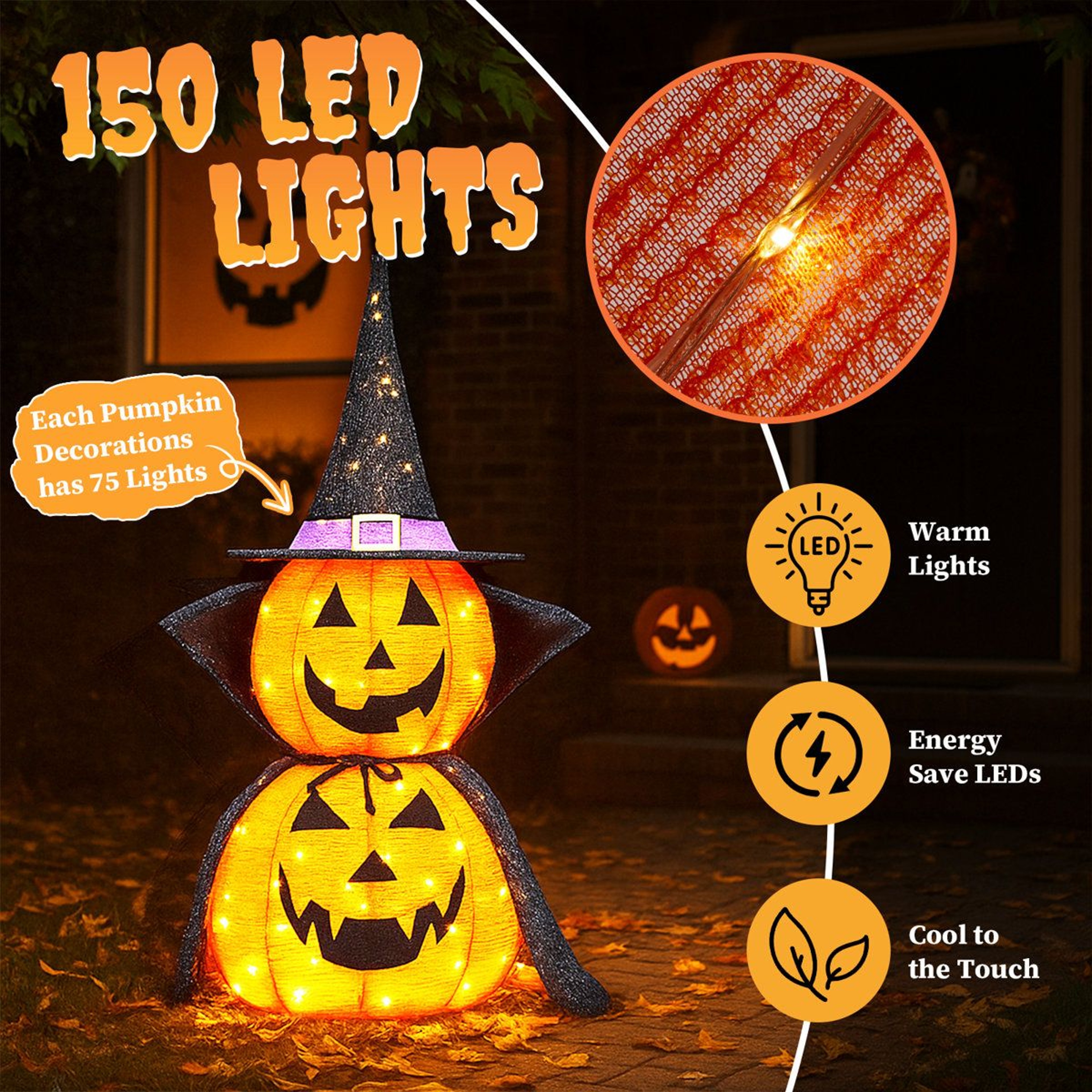 Lighted Collapsible Halloween Pumpkin Decoration With Warm White LED Lights 4