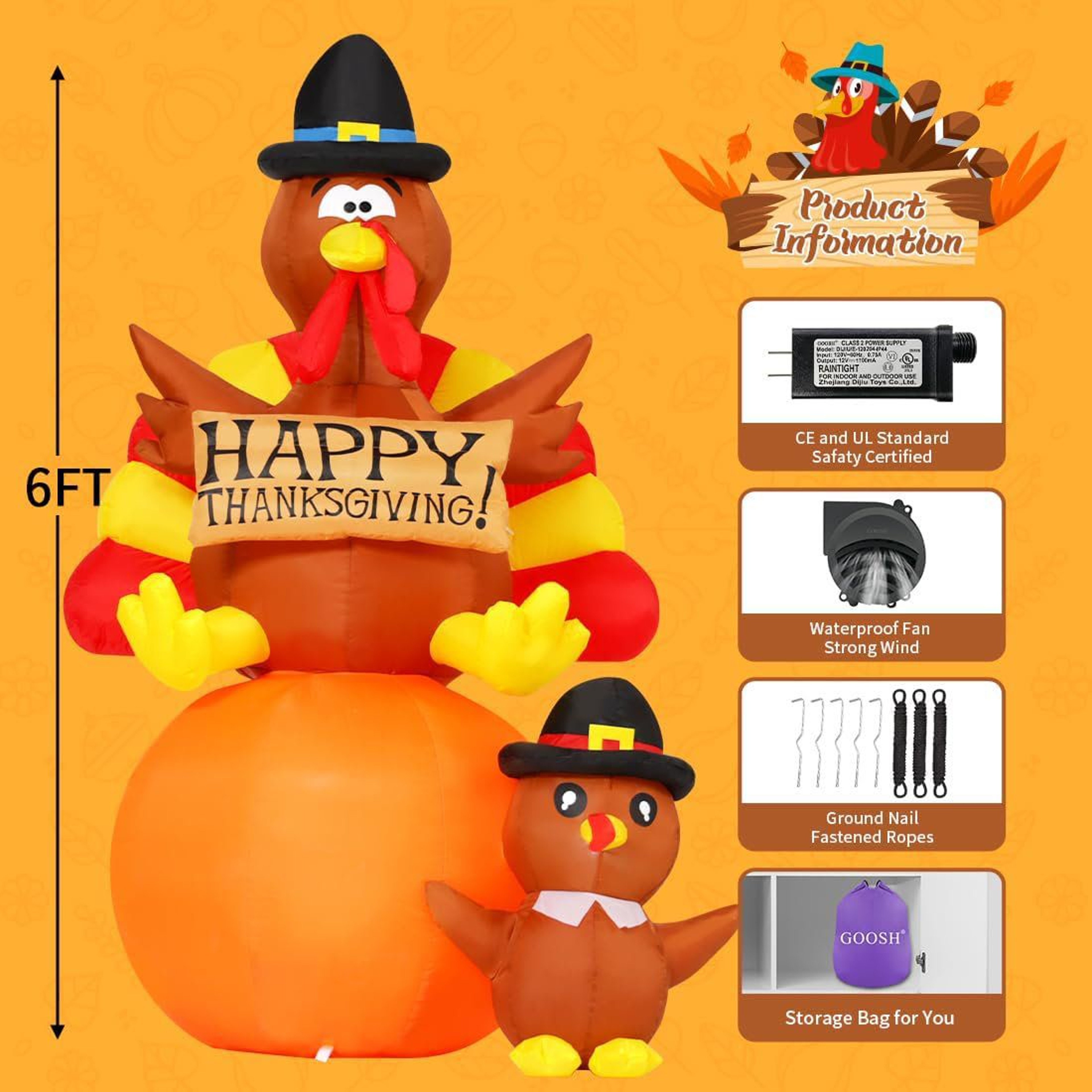 Lighted Thanksgiving Inflatable Turkey On Pumpkin With LED Lights 1