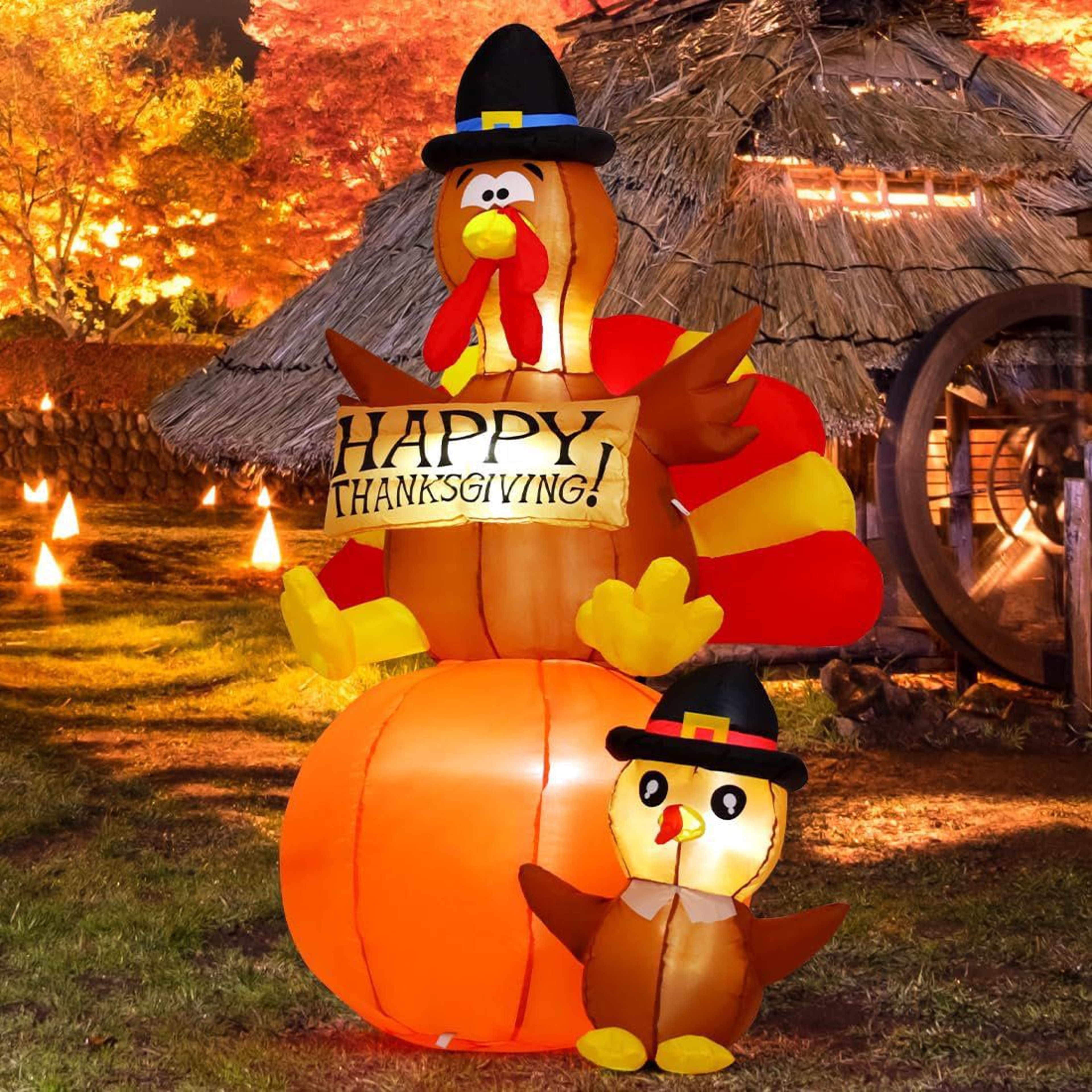 Lighted Thanksgiving Inflatable Turkey On Pumpkin With LED Lights 3