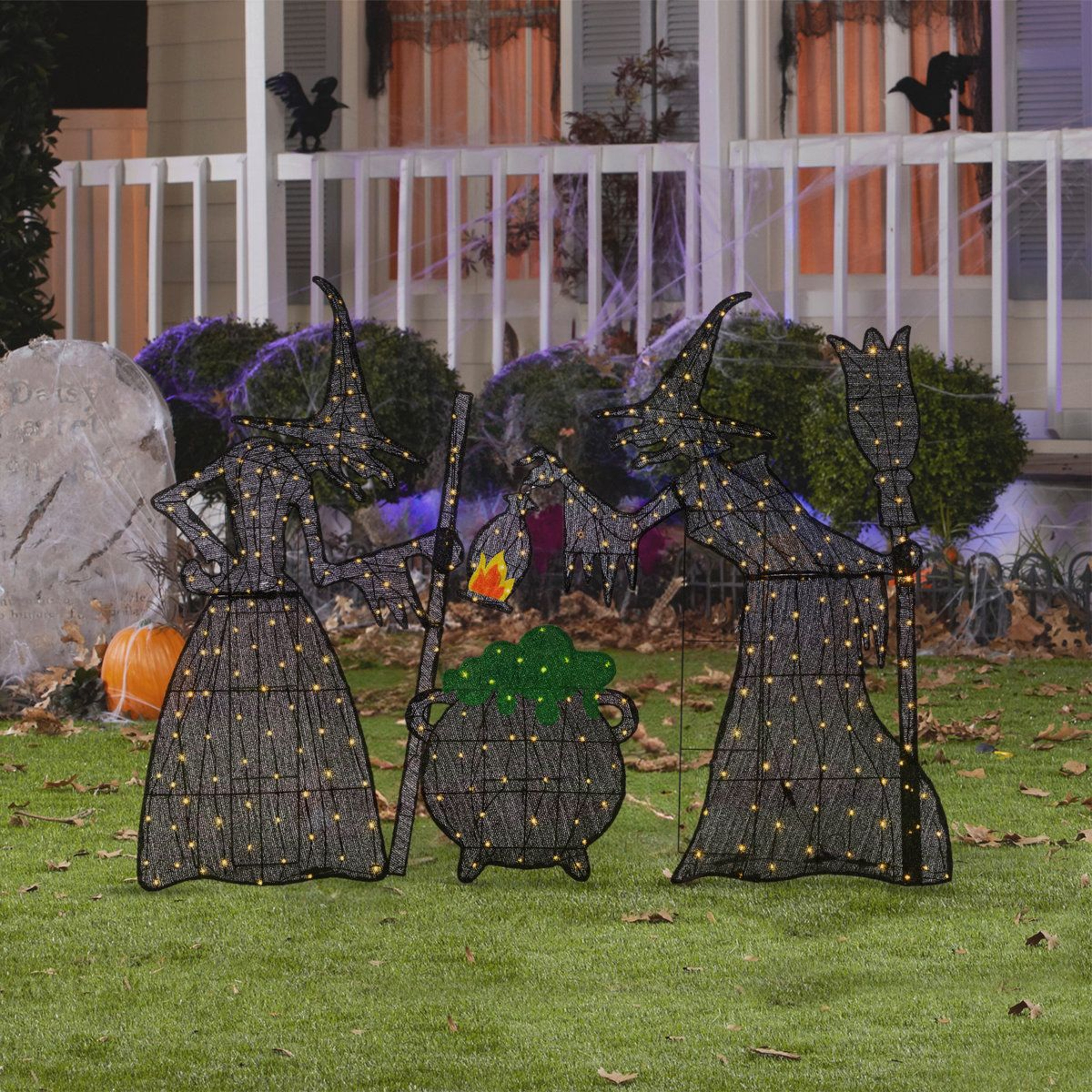 Lighted Halloween Witches With Cauldron Outdoor Decor Warm White LED Lights 2