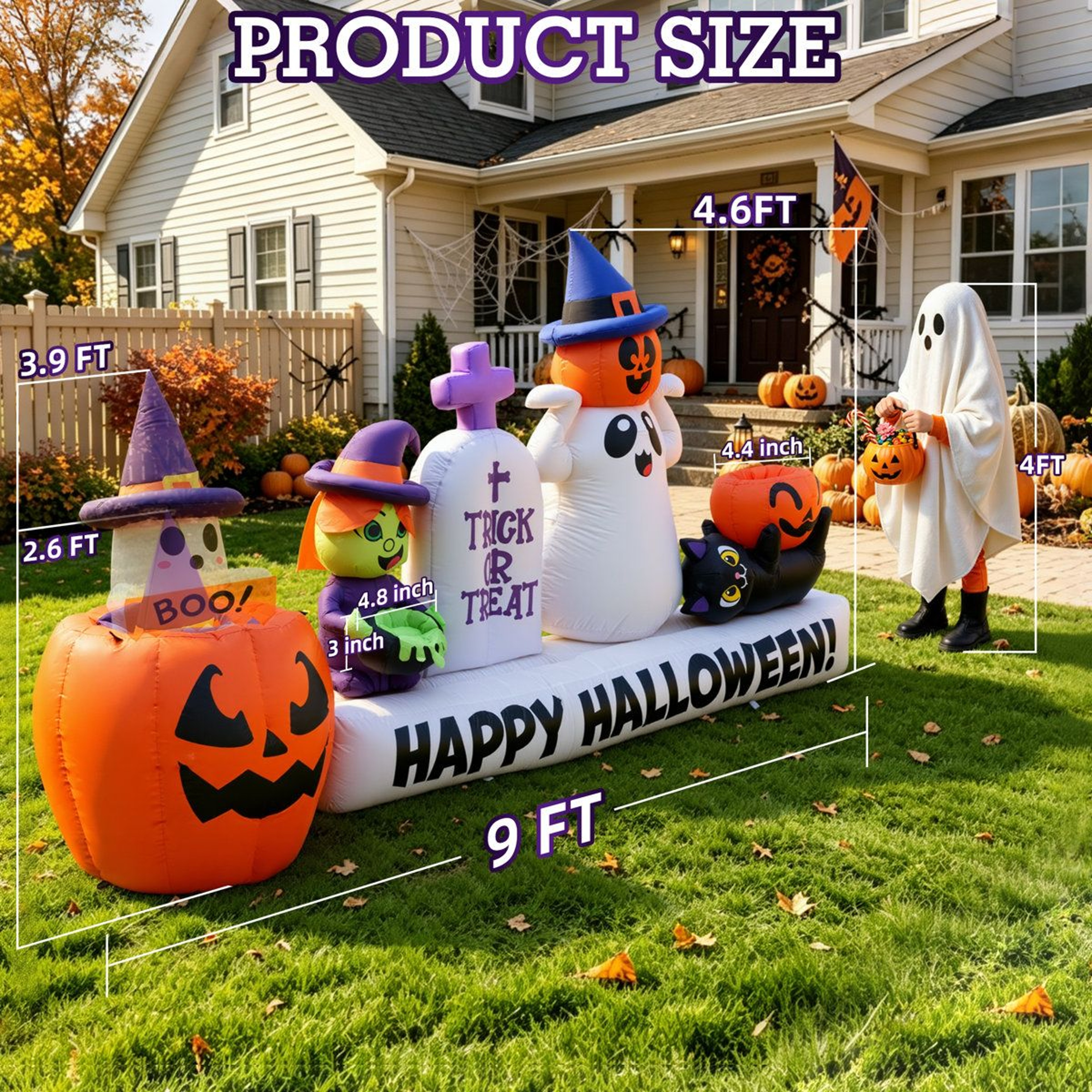 Halloween Inflatable Lawn Decoration With Animated Pop Up Witch And Pumpkin Banner 5
