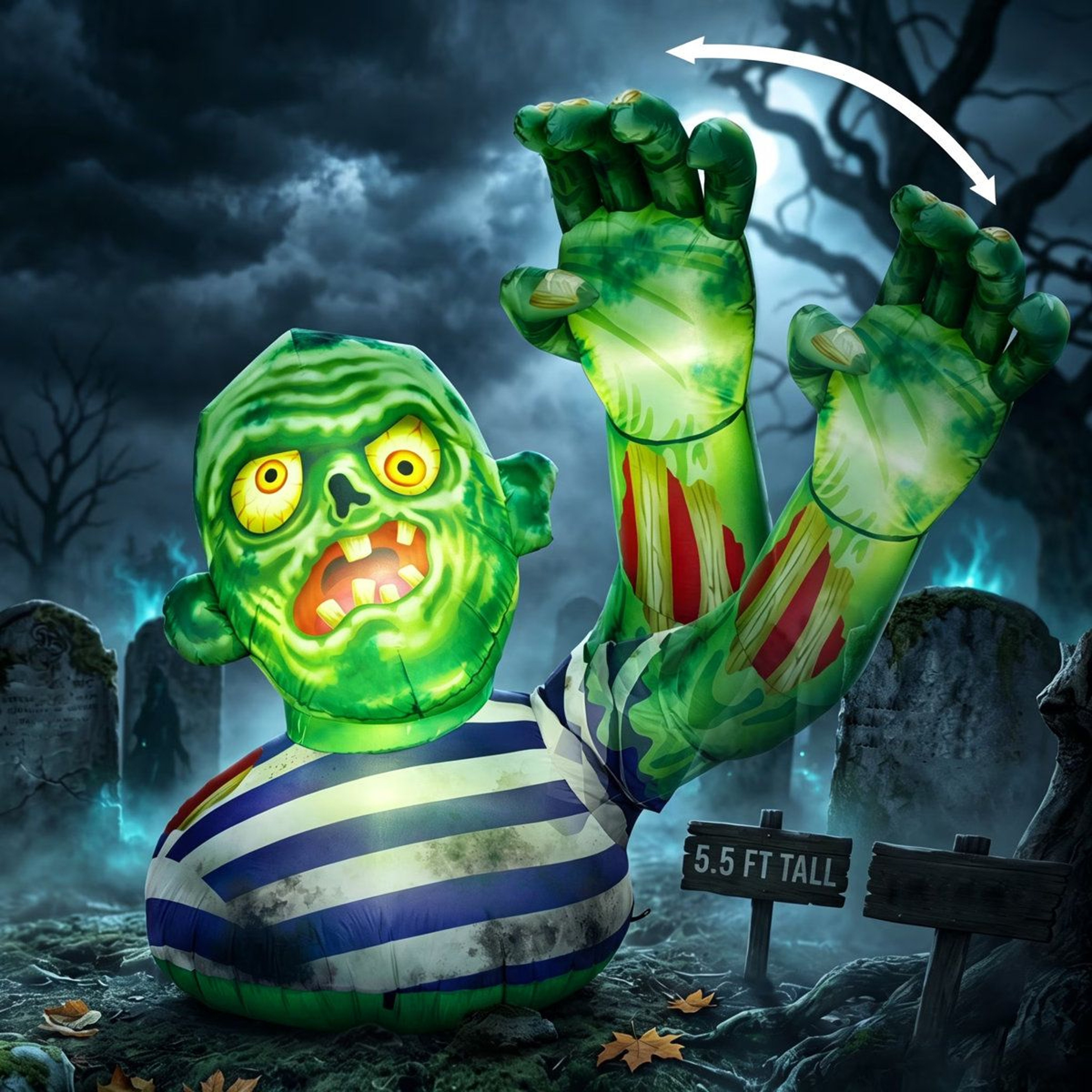 Zombie Halloween Inflatable Decoration With Raised Hand And Light 0