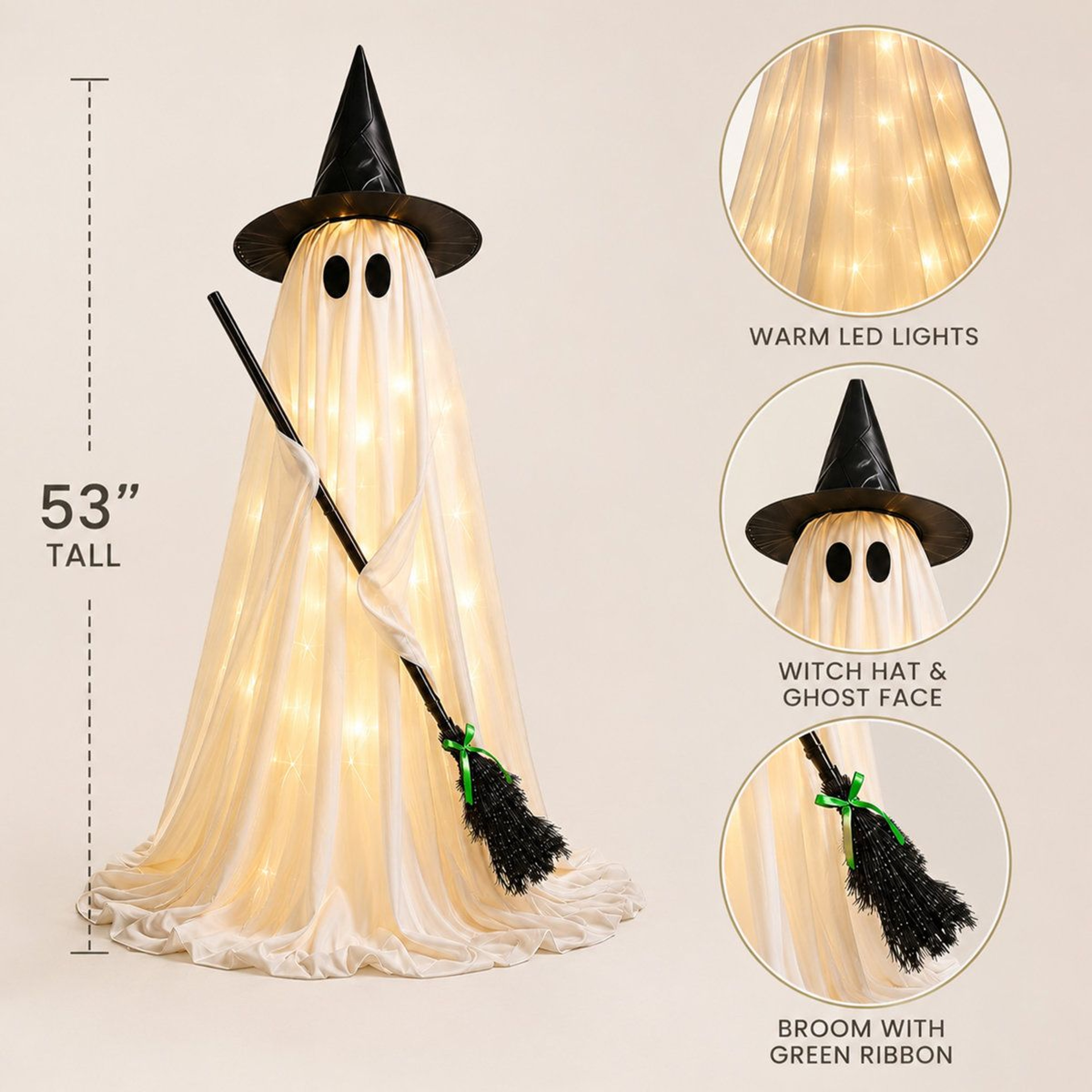 Lighted Halloween Ghost Porch Decoration With Witch Hat And Broom 1