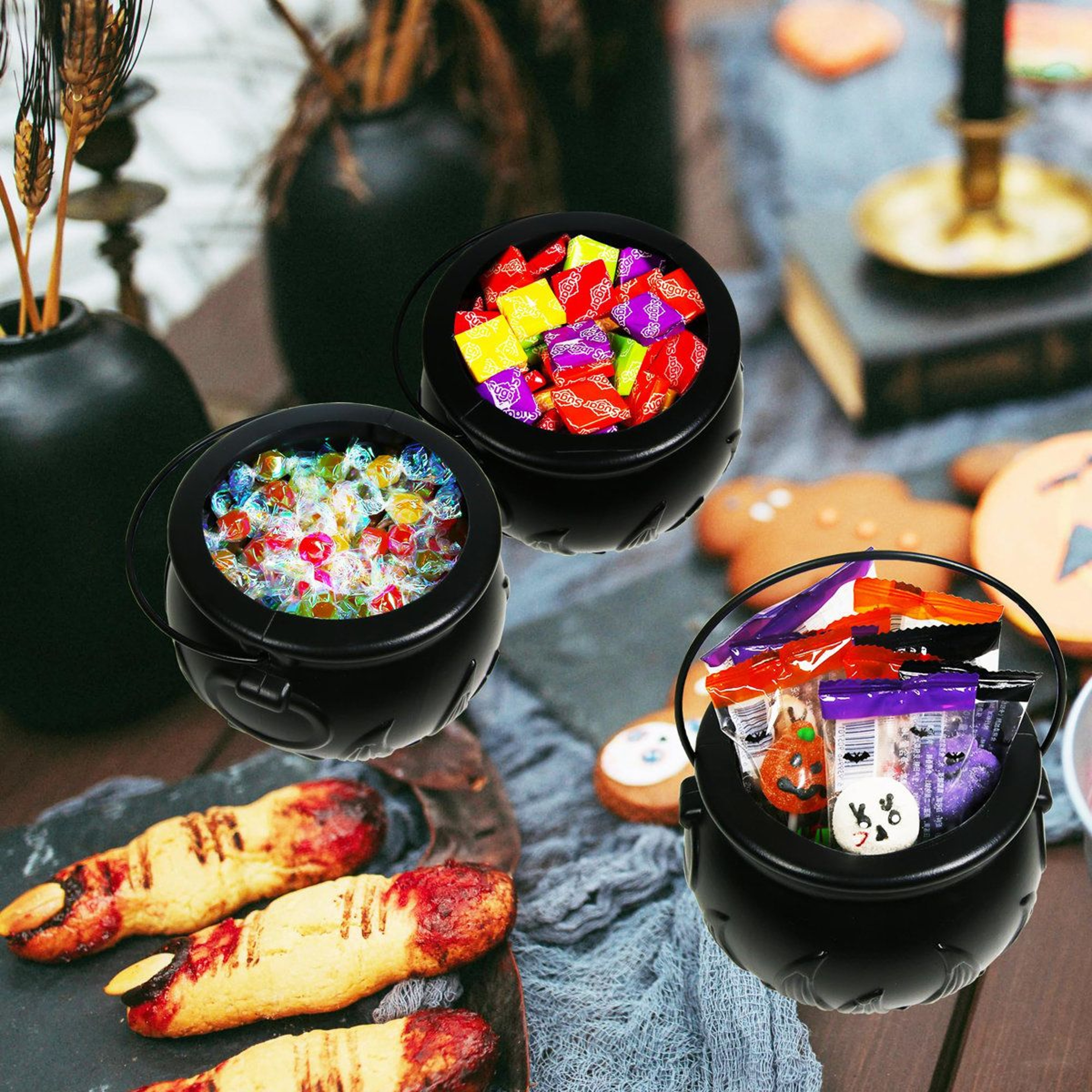 Halloween Witch Cauldron Candy Bowl Set Black Tabletop Decorations 1