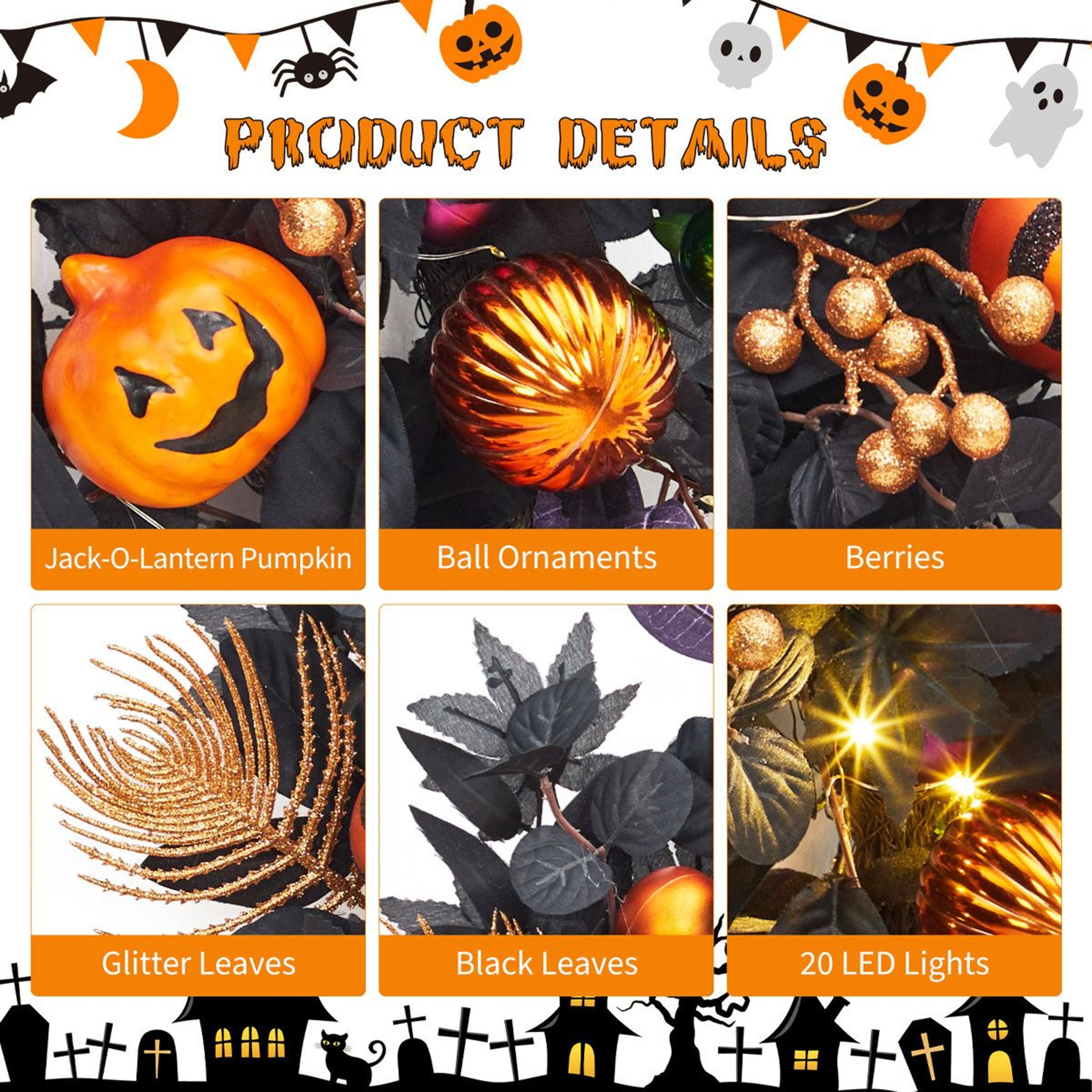 Light Up Halloween Wreath With Warm White LED Lights And Pumpkin Ornaments 2