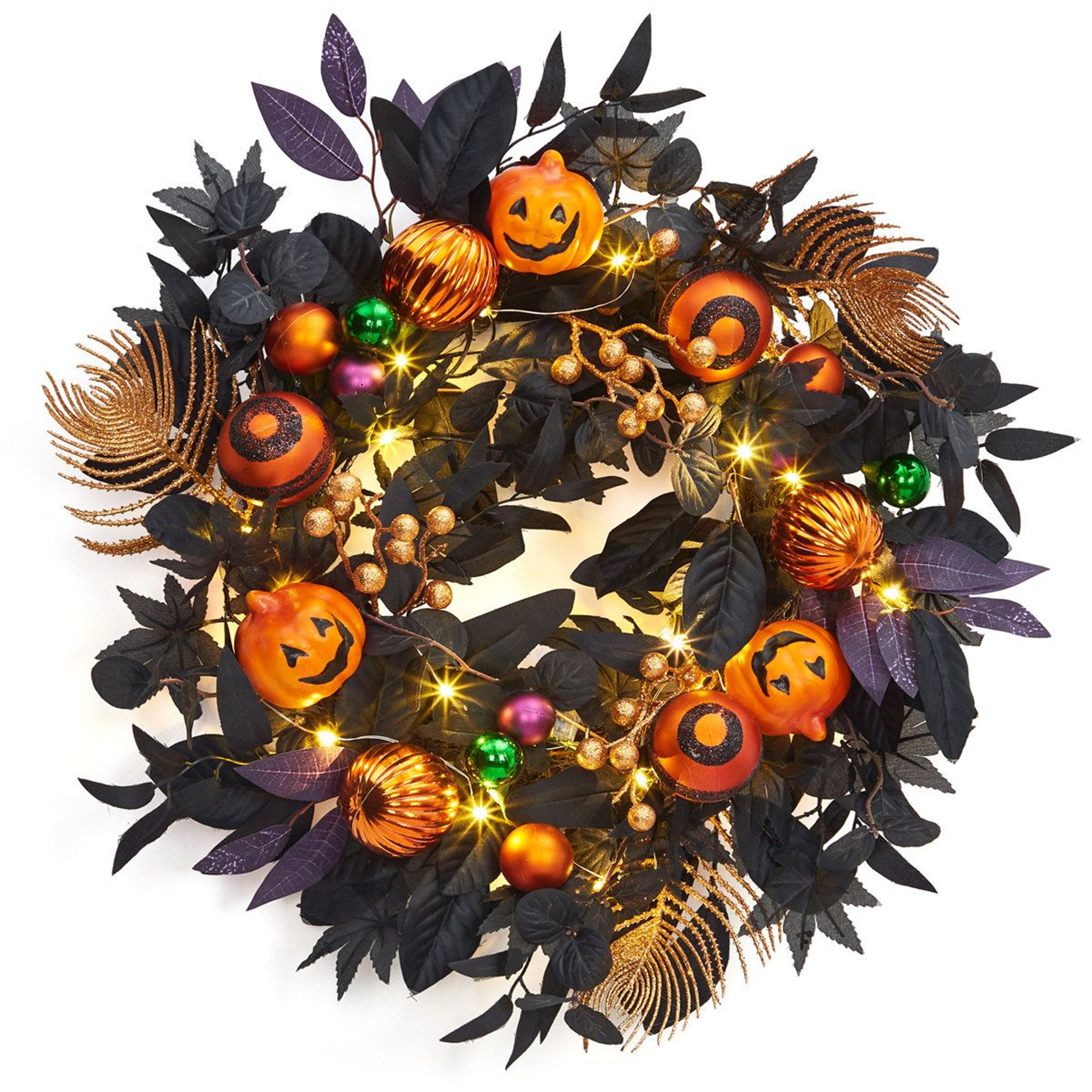 Light Up Halloween Wreath With Warm White LED Lights And Pumpkin Ornaments 0