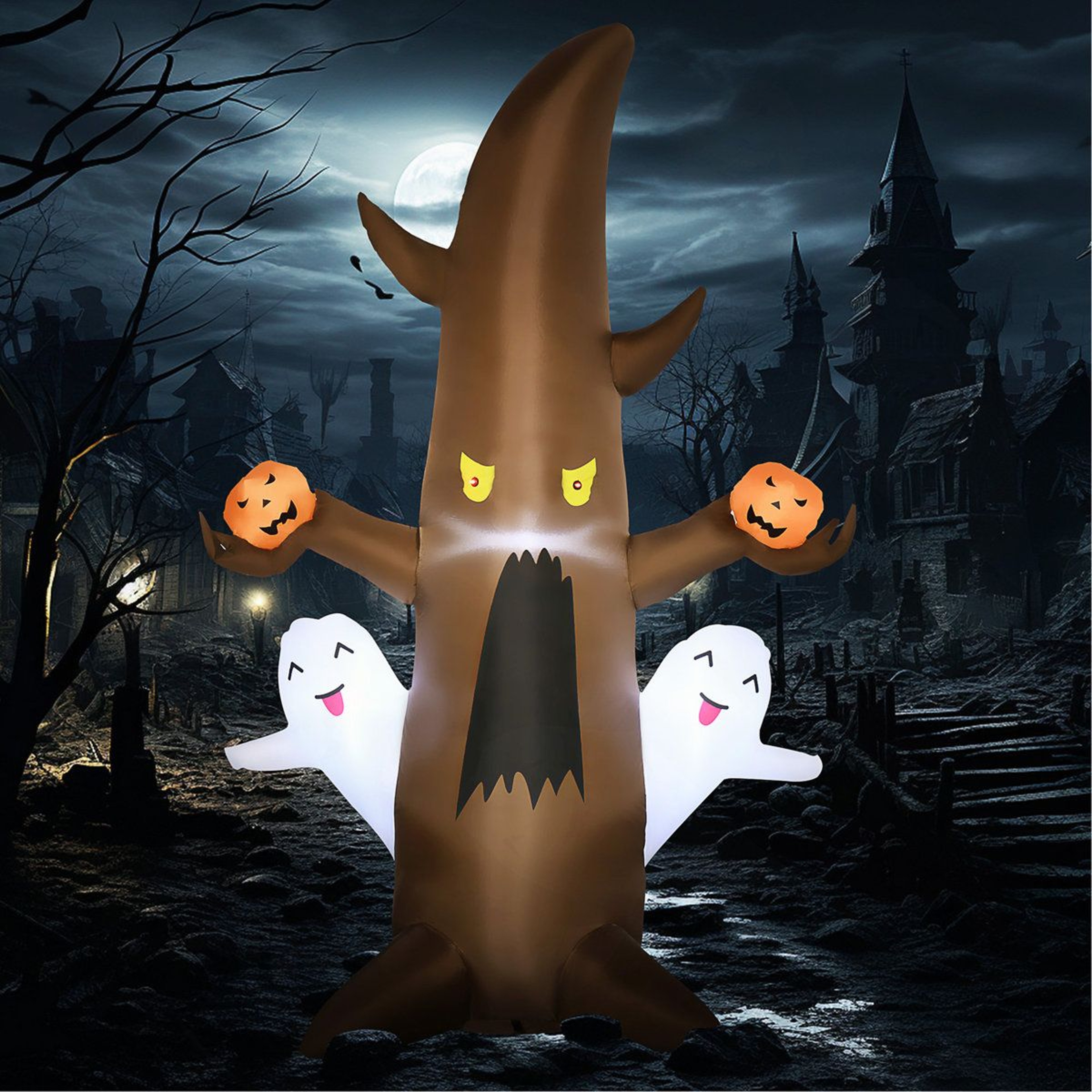 Halloween Inflatable Ghost Tree With Pumpkins And LED Lights 3