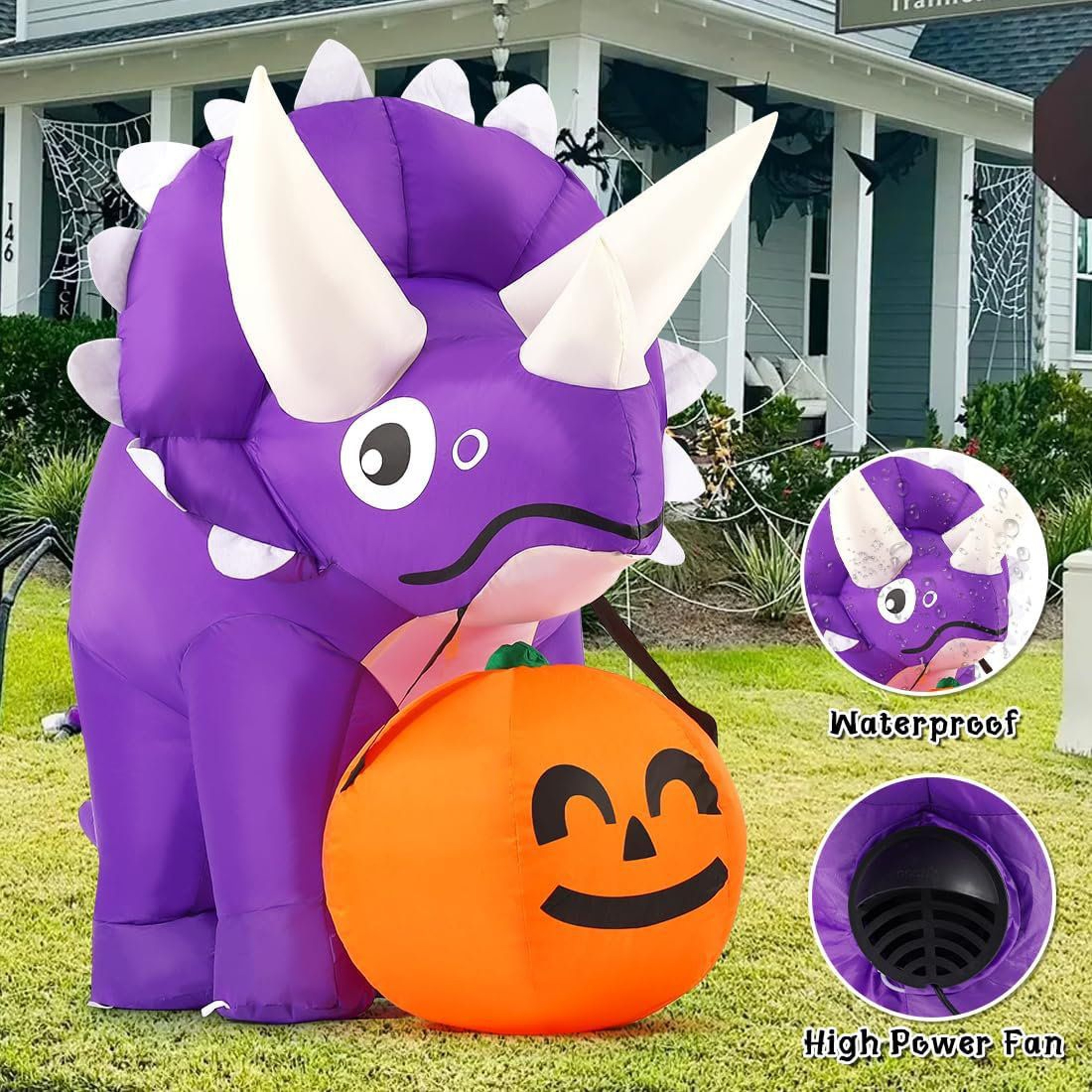 LED Halloween Inflatable Triceratops Dinosaur With Pumpkin Decoration 0